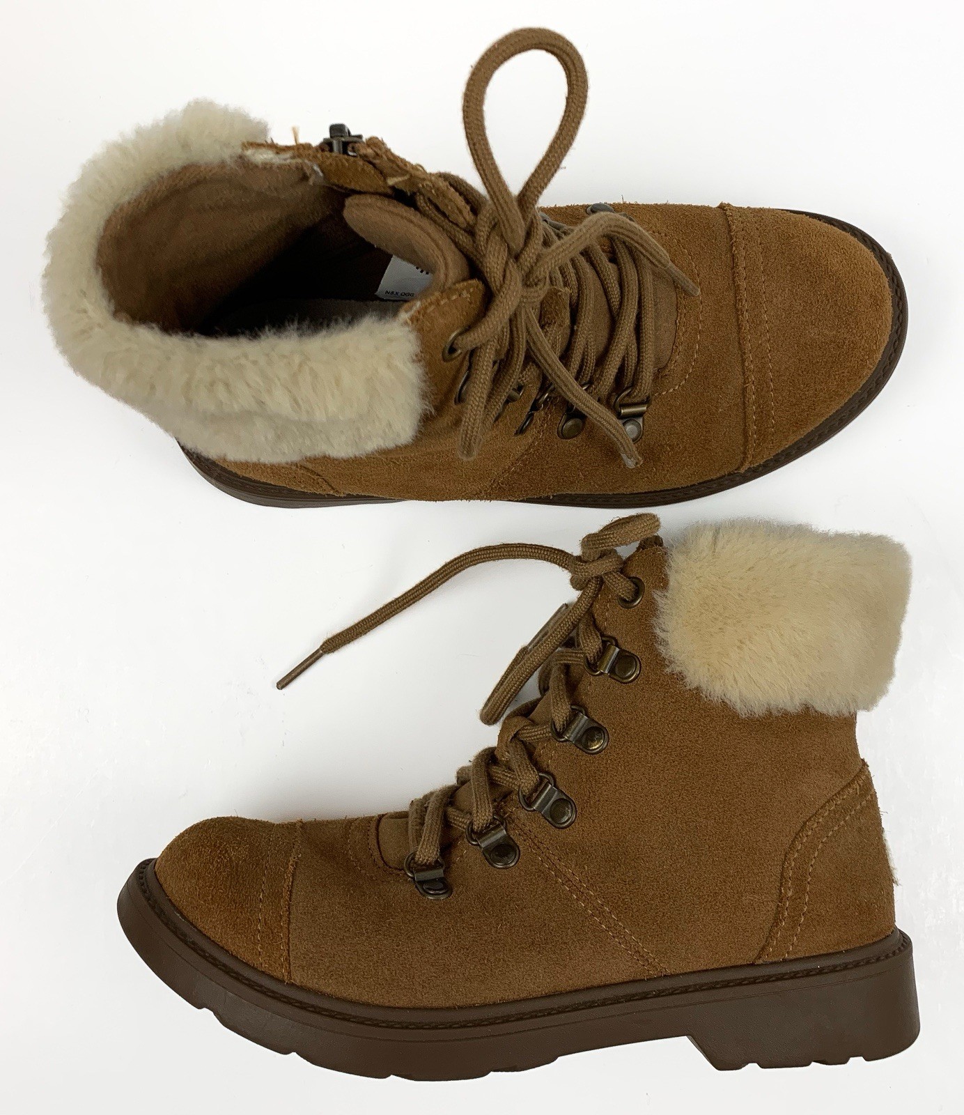 Ugg Azell Hiker Boots Zip Lace Up Suede Faux Fur Trim Chestnut Kids Size 3