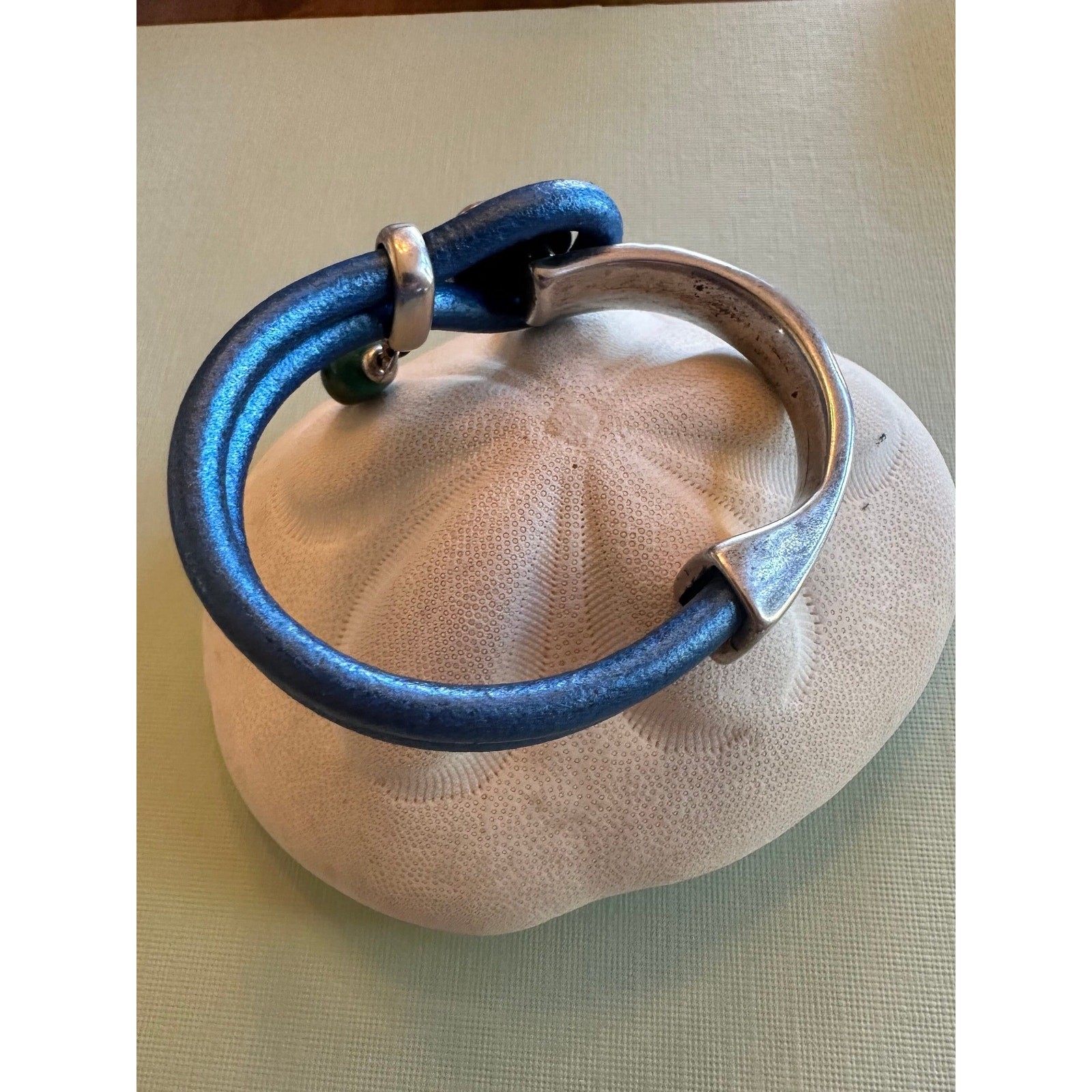 Blue Leather Bracelet with Metal Flower Hook Clasp and Bead Accent