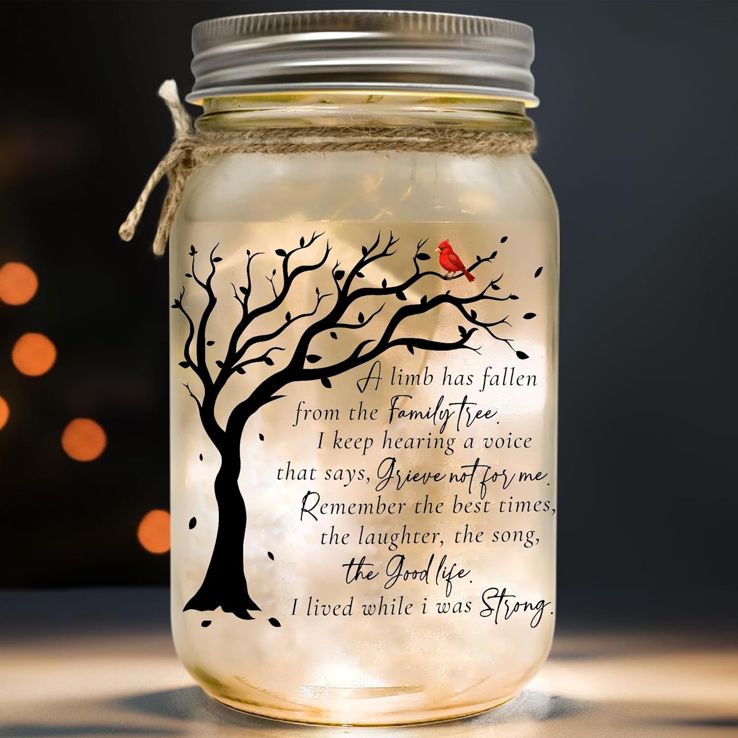 Memorial Gifts Mason Jar Light, Red Cardinal - Memory for Loss White