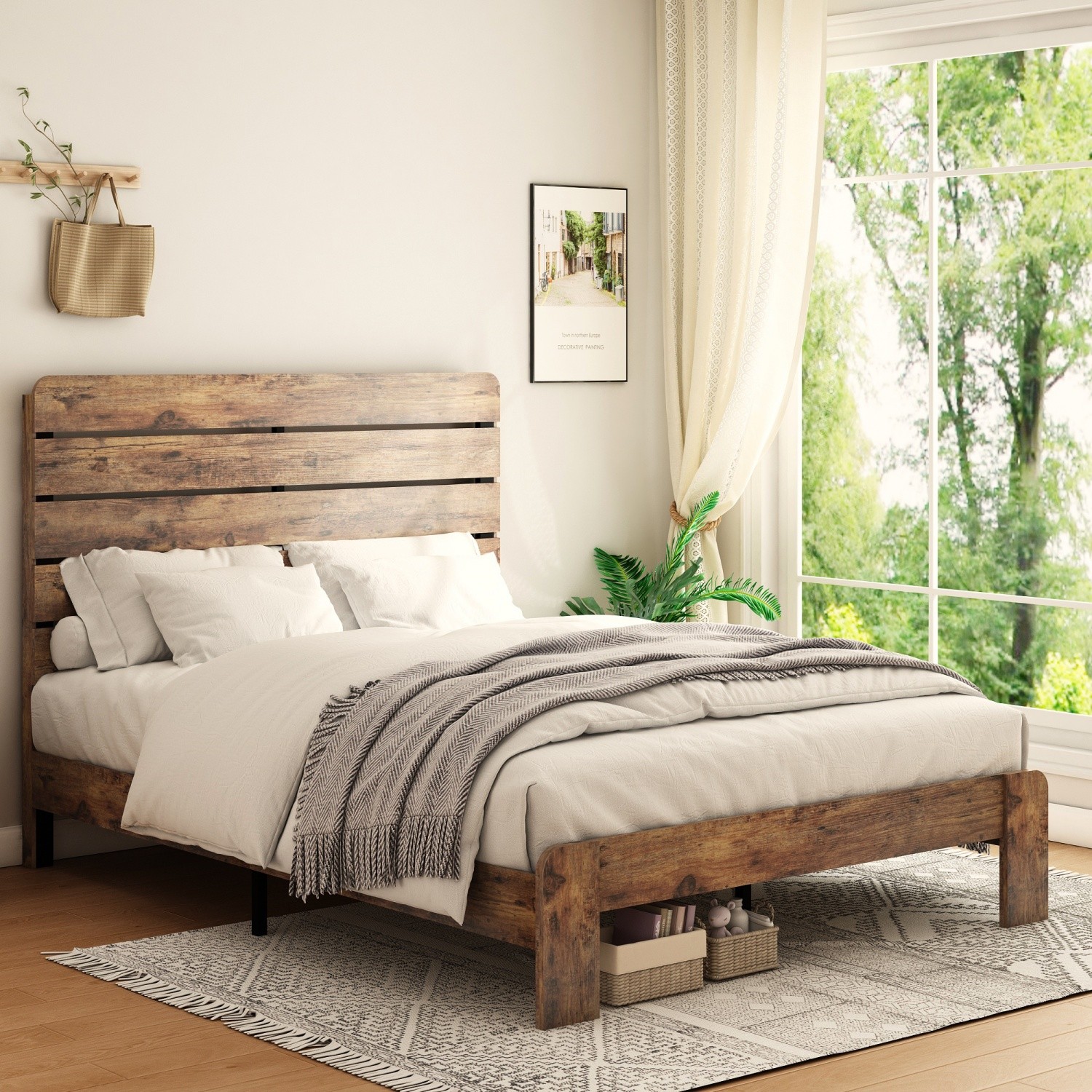 King Size Wood Platform Bed  Frame w/ Headboard No Box Spring Needed Dark Brown