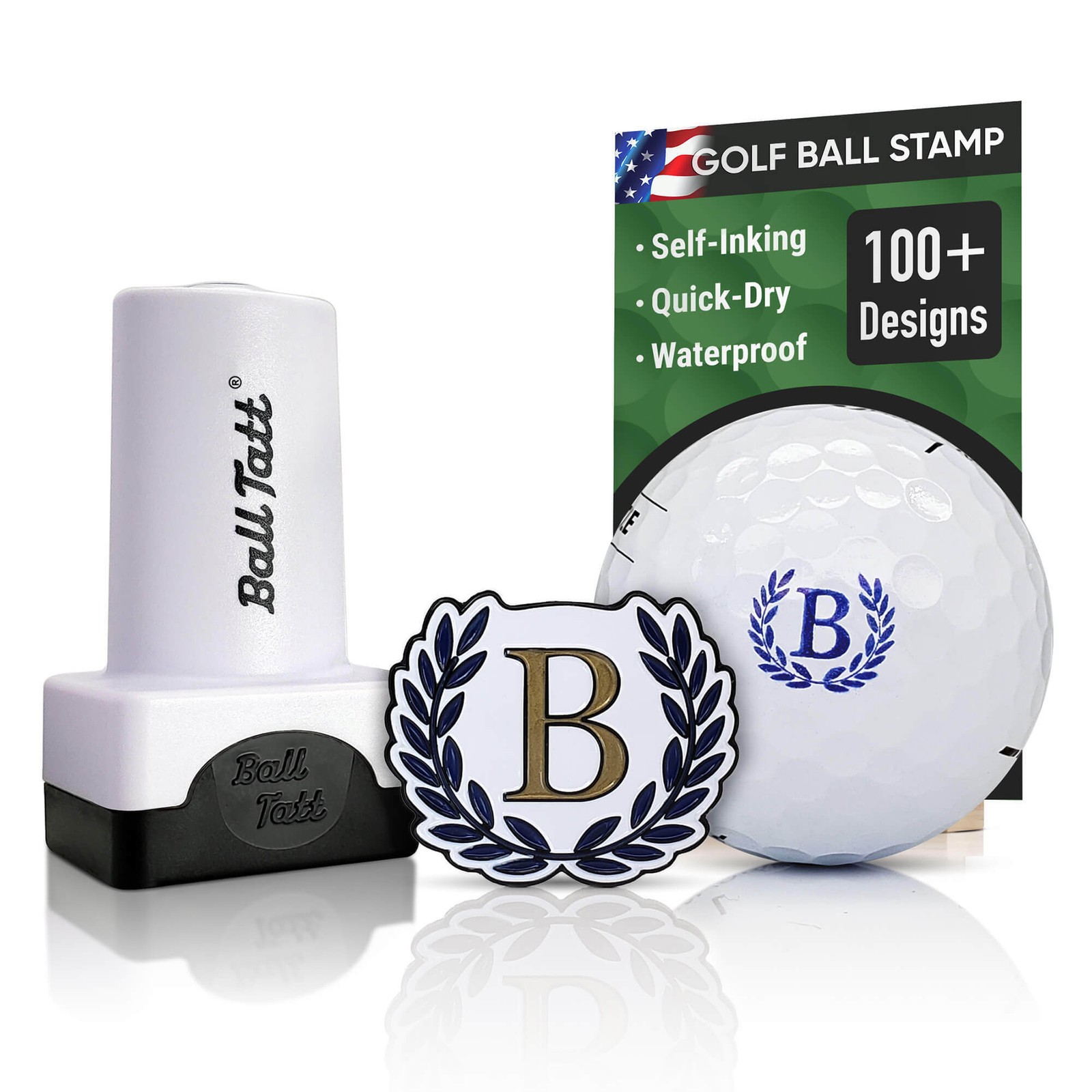 Ball Tatt - B Initial Golf Ball Stamp Self-Inking with Monogram Ball Marker