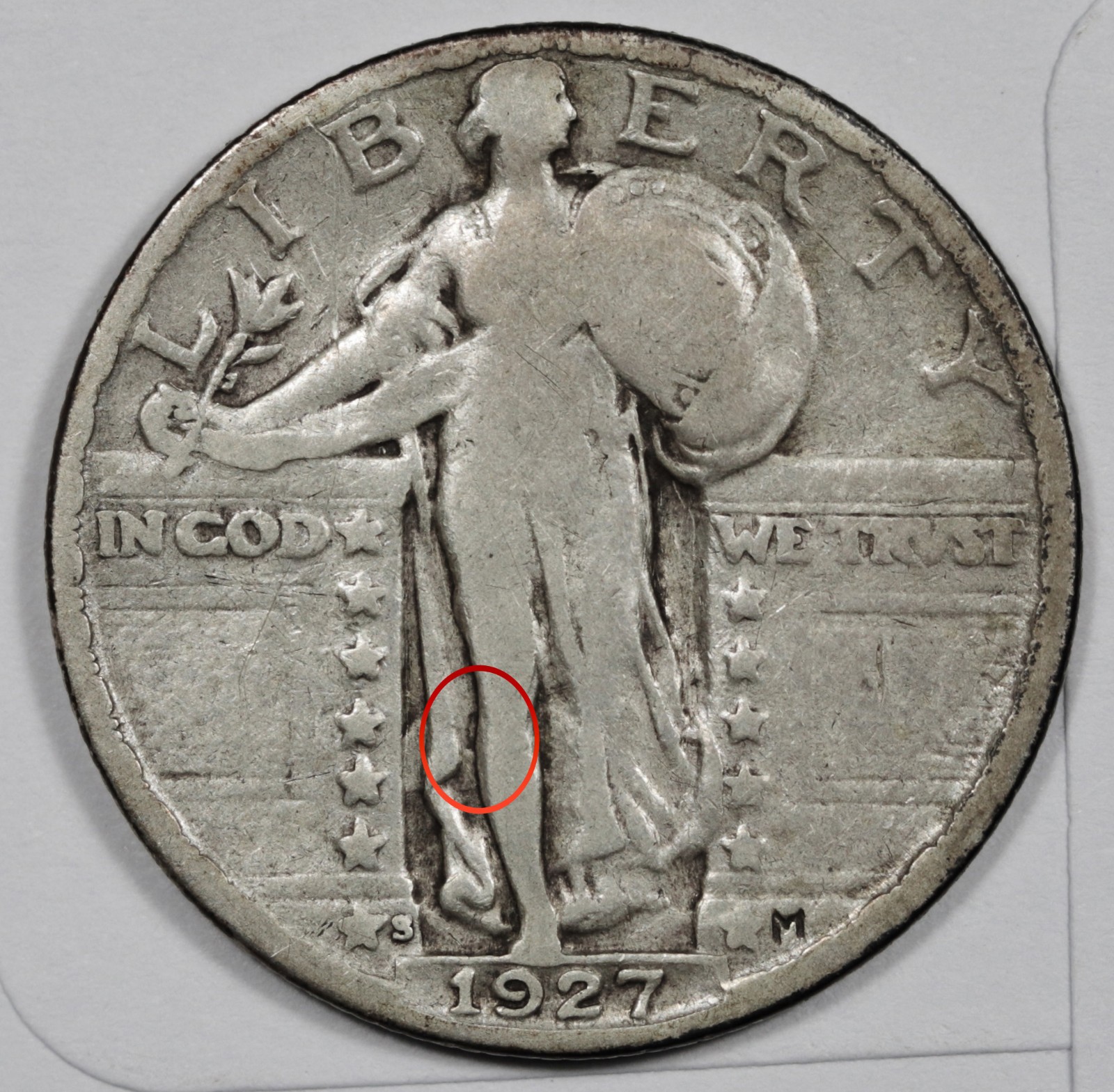 1927-s Standing Liberty Quarter.   Error.  Clashed "E".  VG.  207641