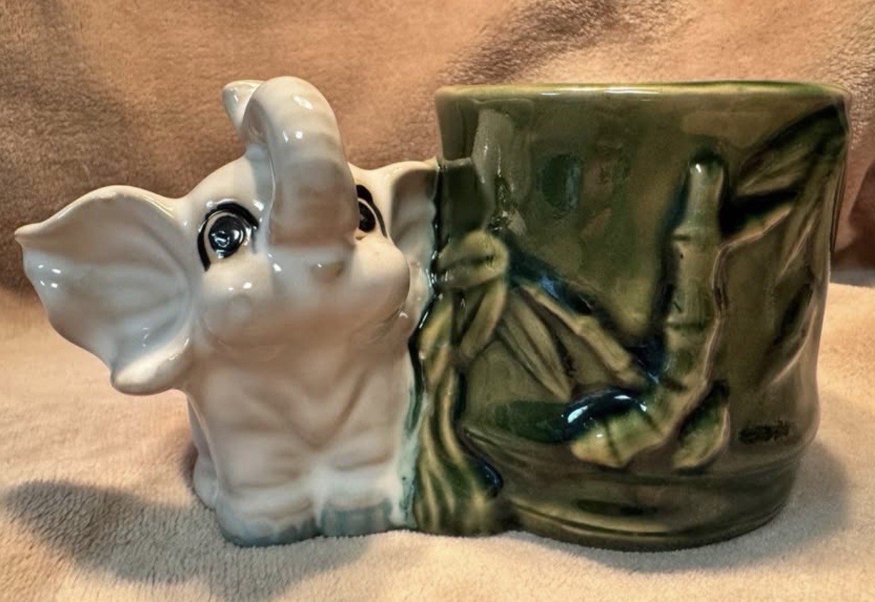 Vintage Stoneware Lucky Elephant Jade Green Bamboo Planter Pen Holder