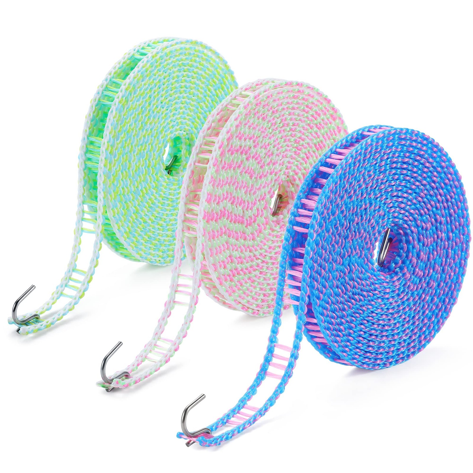 3-Pack Windproof Clothesline with Hooks – Super Strong and Durable, PE Materi...