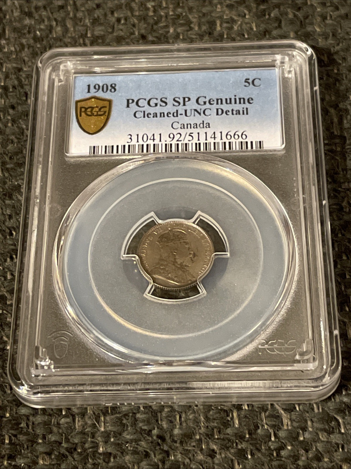 Stunning Rare Specimen 1908 Canada 5 cent. PCGS SP Genuine Cleaned.