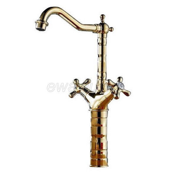 Gold Polished Brass Double Cross Handle Bathroom Sink Mixer Tap Faucet wsf094