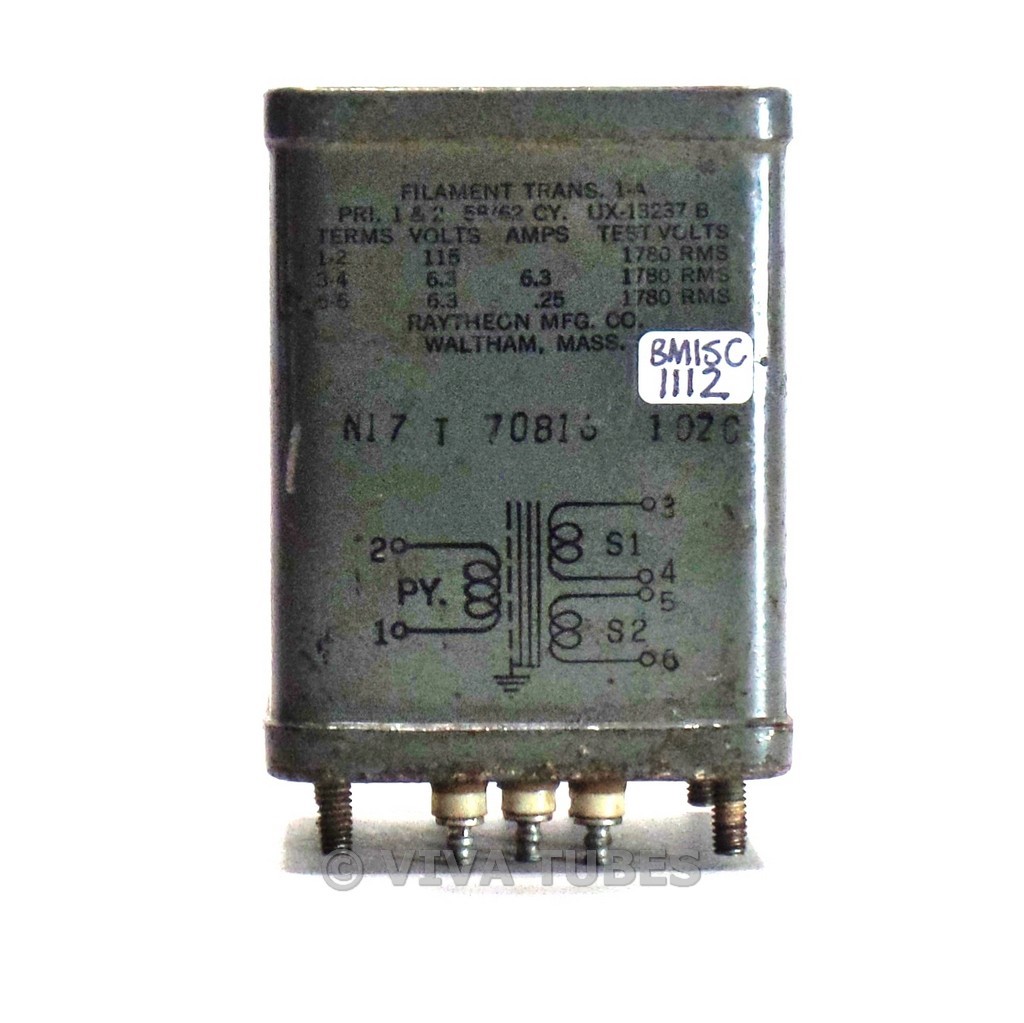 Vintage Raytheon UX-13237 B Filament Transformer 6.3V 6.3A, 6.3V .25A