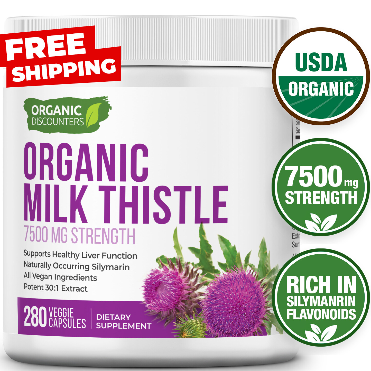 USDA Organic Milk Thistle Extract Capsules, 280 Count, 7500 mg Strength