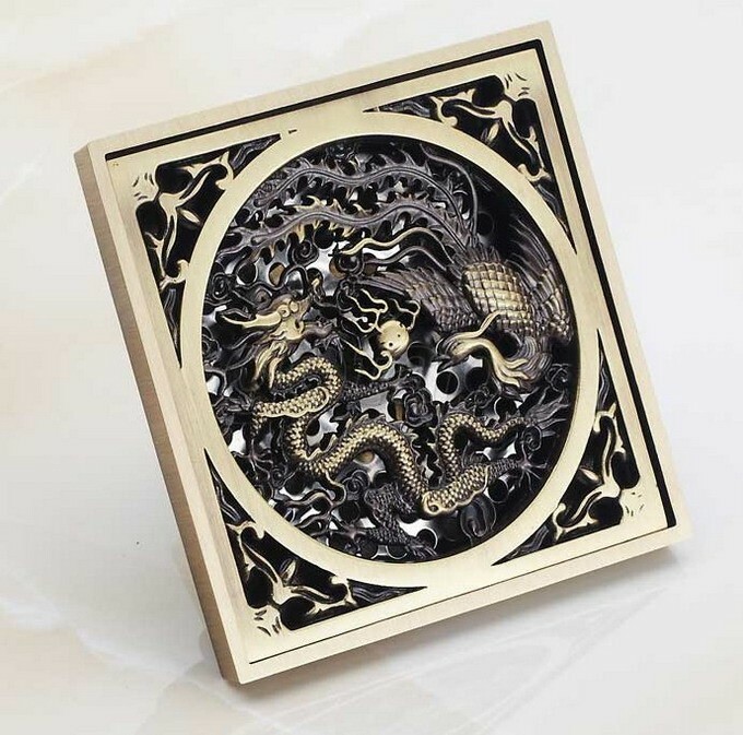 Carved Antique Brass Square Shower Drain Floor Waste Drain Cover Strainer Ghr017