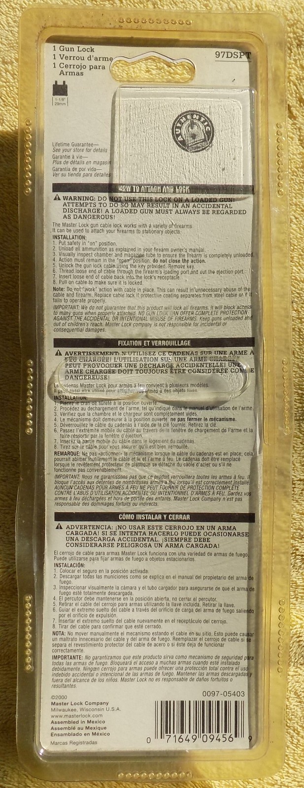 Master Lock Gun Lock Cable/Padlock with 2 Keys New In Package