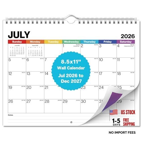 8.5x11 Small Wall Academic Calendar July 2026 to December 2026-2027 Colorful