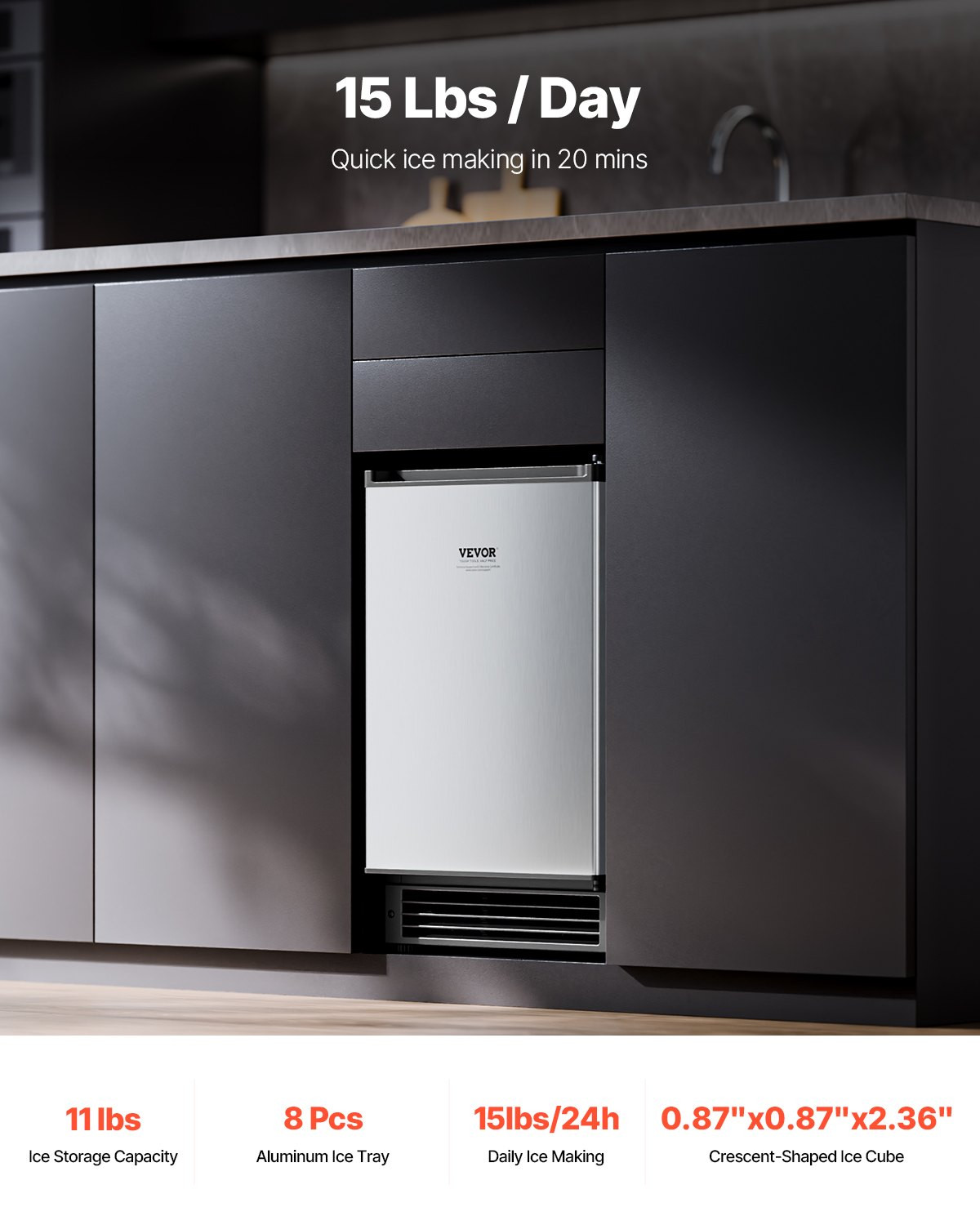 Under Counter Ice Maker 15lbs/Day Built-In Stainless Steel No Drain
