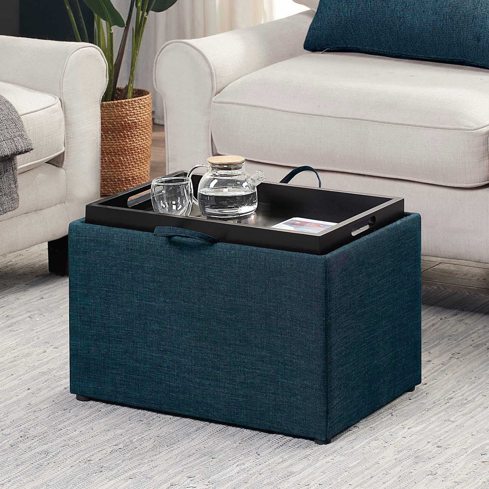 Charming Modern Ottoman w/ Reversible Tray, Dark Blue Fabric, Home Office Stool
