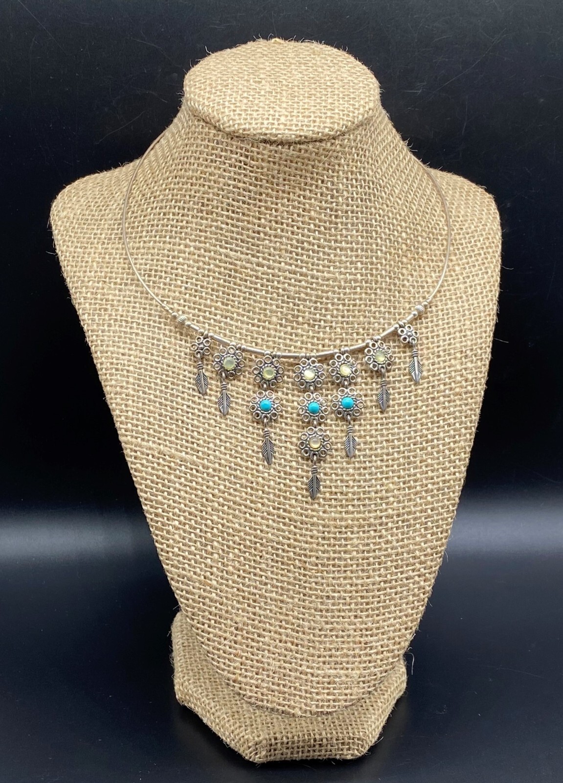 QT-Sterling Silver MOP Turquoise Moonstone Flower Dangle Collar Necklace