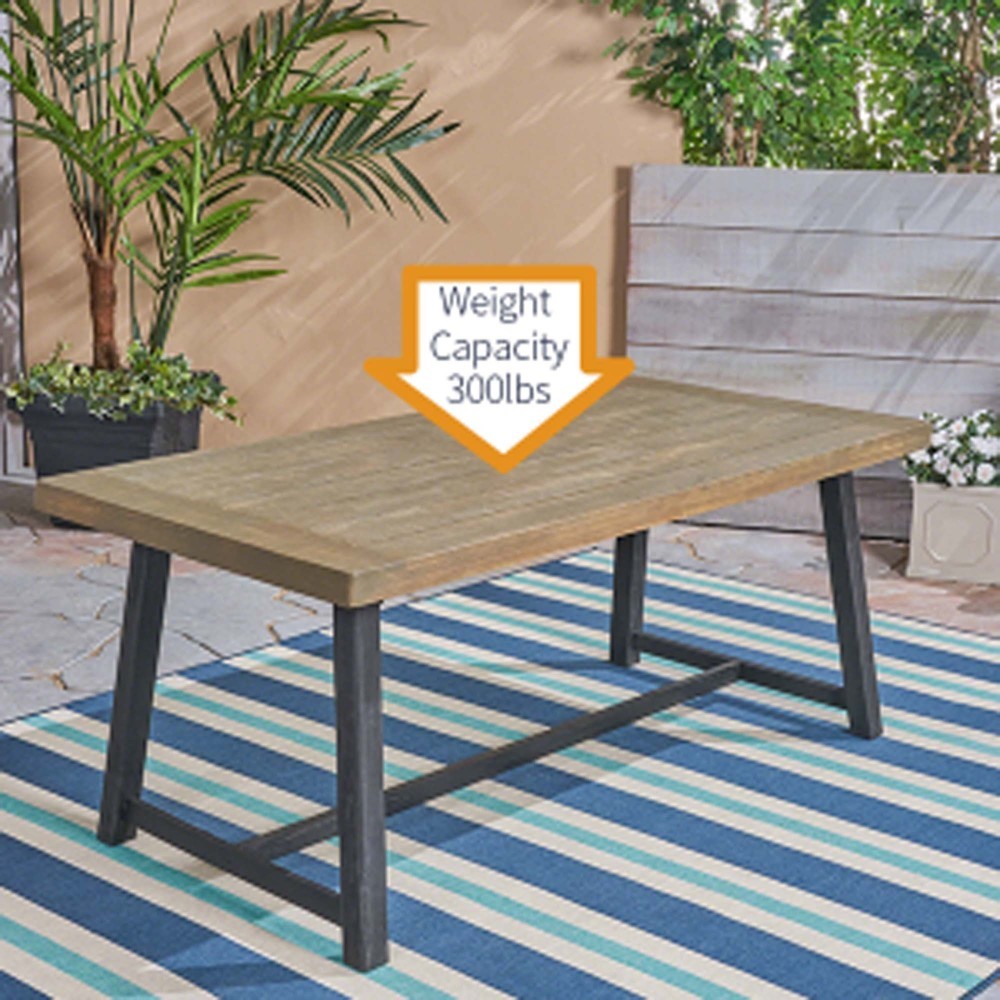 Rustic Acacia Wood Outdoor Dining Table, Slat Panel Top, Gray & Black