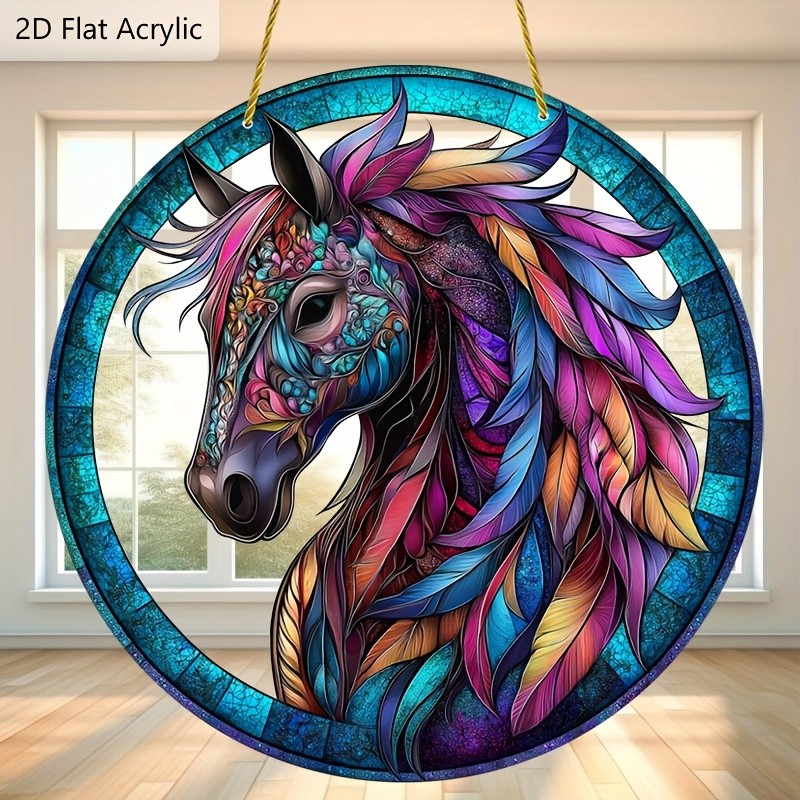 Colorful Feather Horse Head Round Acrylic Suncatcher Window Hanging Home Decor