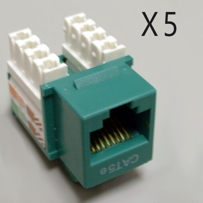 5 Pack Lot - CAT5e Keystone RJ45 110 Punch Down Keystone Snap-In Jack - Green