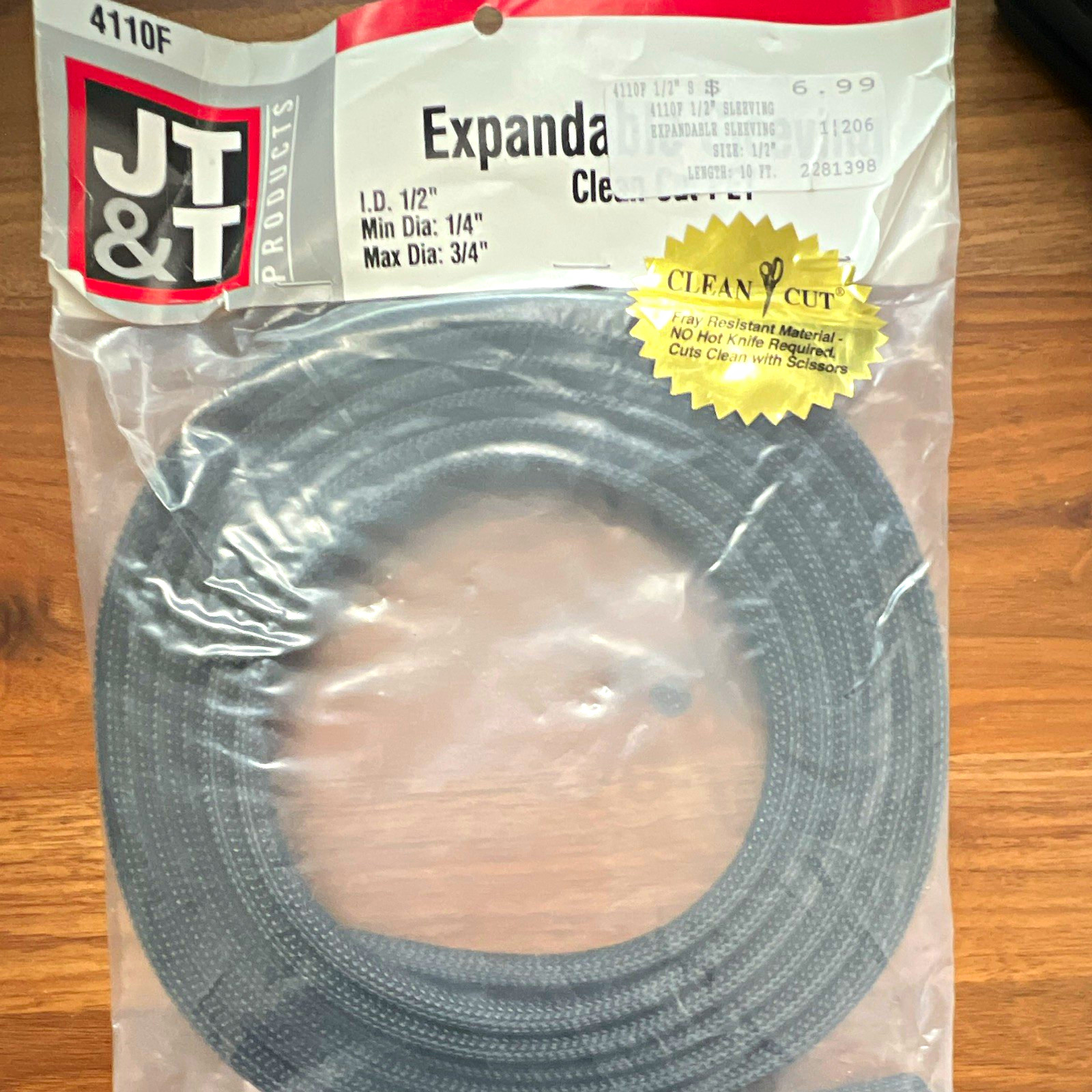 JT&T Expandable Sleeving Clean Cut 1/2in ID x 10ft Black 4110F