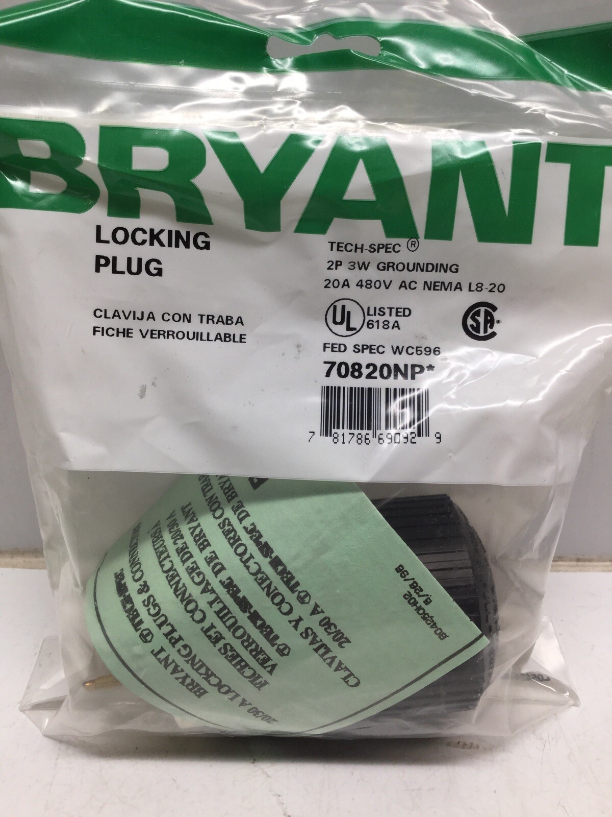 BRYANT 70820NP Locking Plug 20A 480V 2P 3W NEMA L8-20