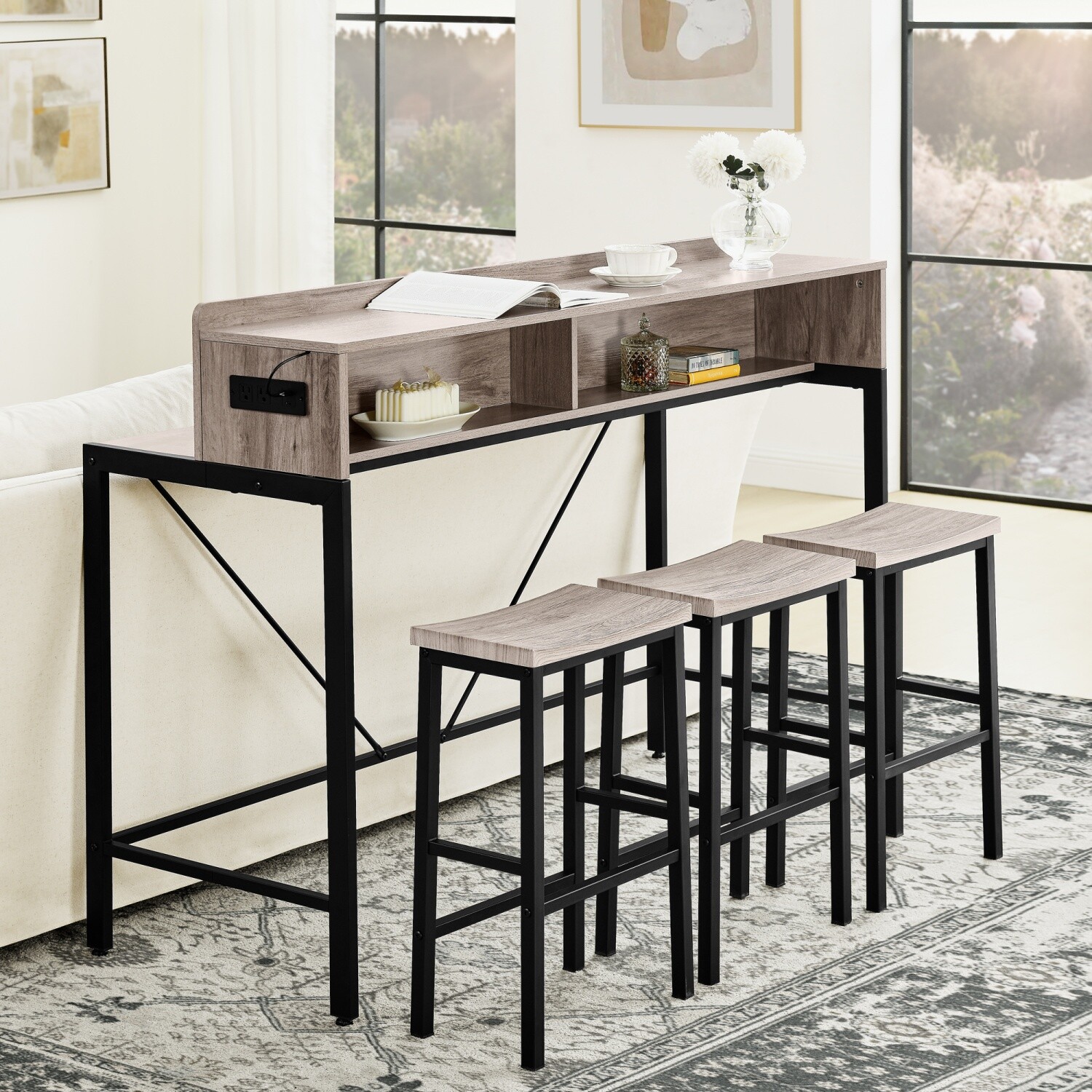 4 Piece Bar Table Set Bar Table with 3 Bar Stool & LED light & USB Ports