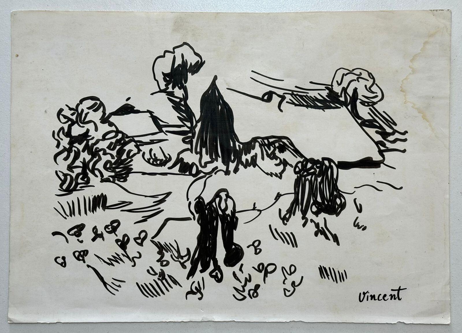 Vincent Van Gogh (Handmade) Drawing On Old Paper Signed & Stamped, Vtg art