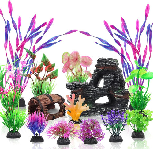 QUOZUO 15 Pcs Aquarium Artificial Plastic Plants Decorations and Colorful