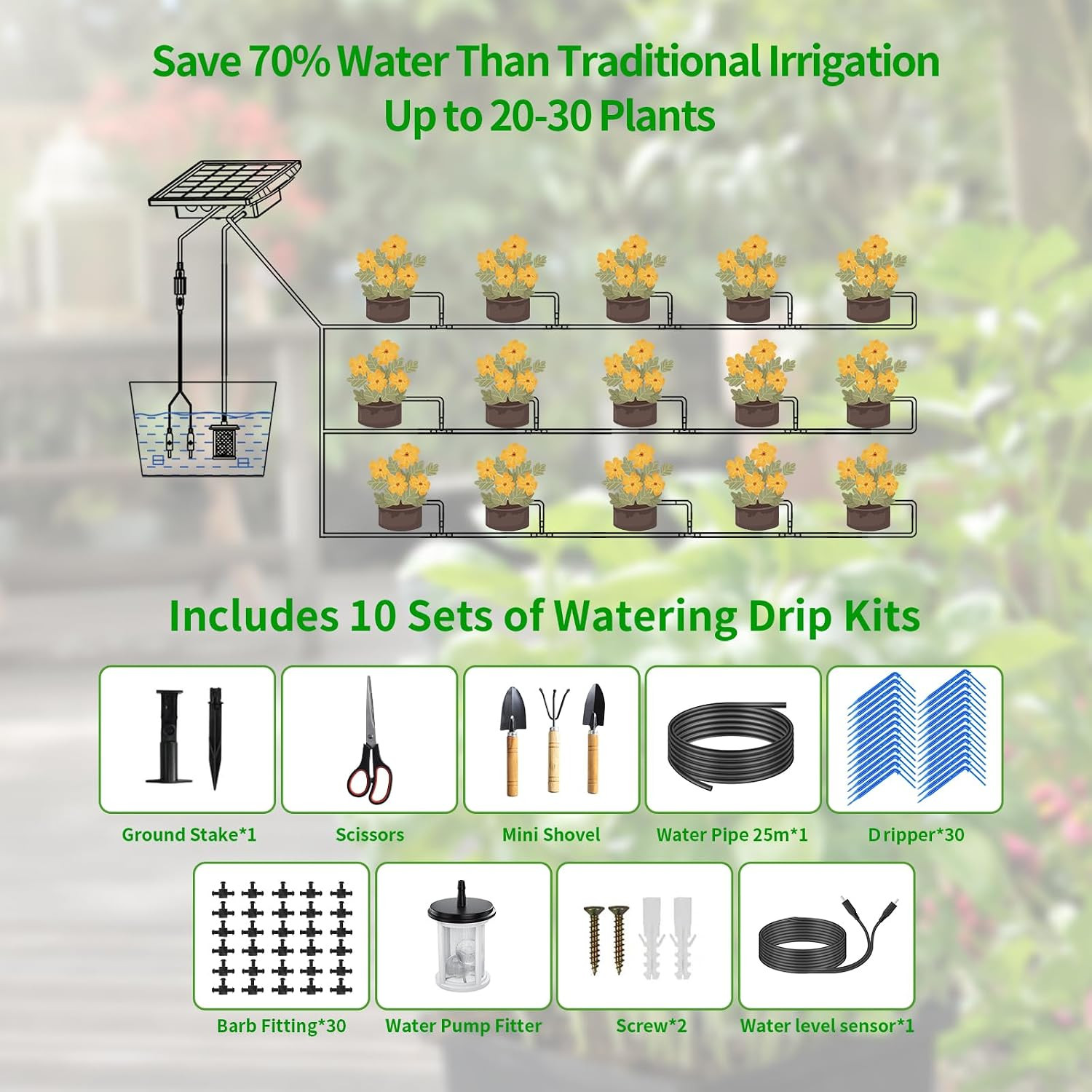 82FT Solar Drip Irrigation System Kit, Auto Watering for 30 Pots | 25 Timer Mode