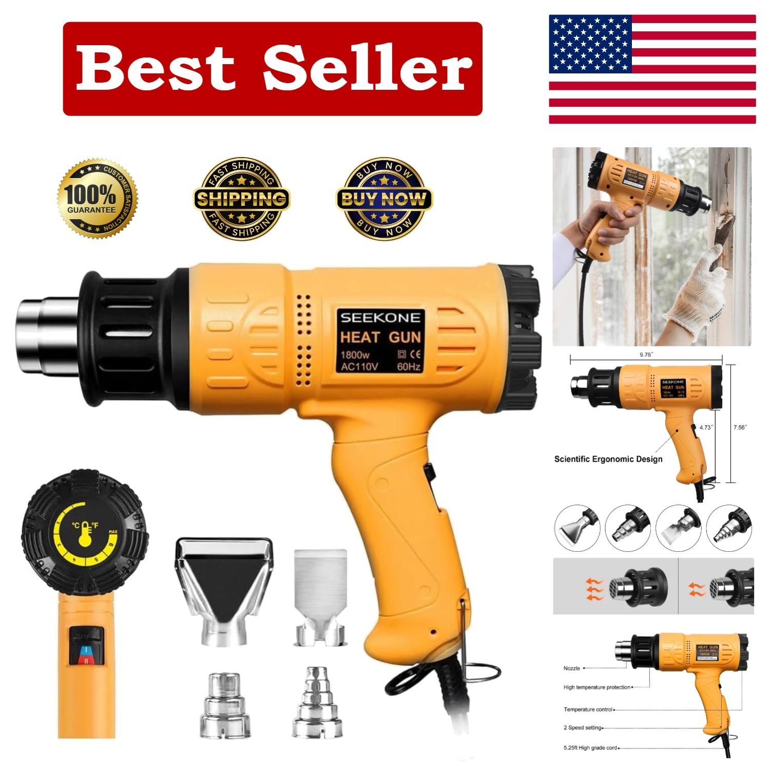 Rapid Heating 1800W Heat Gun - Complete Kit with Safety and Comfort Features