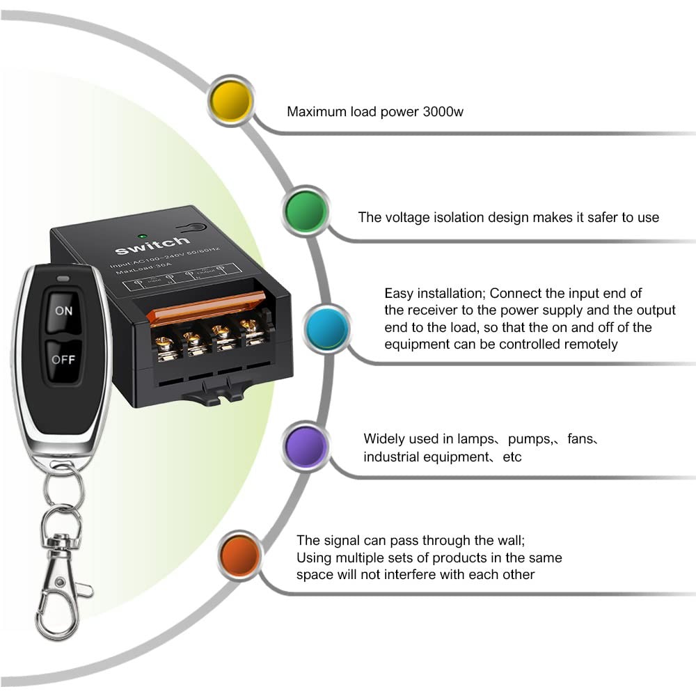 220V Wireless Remote Switch with 30A Relay, 328ft Long Range 84*54*28, Black