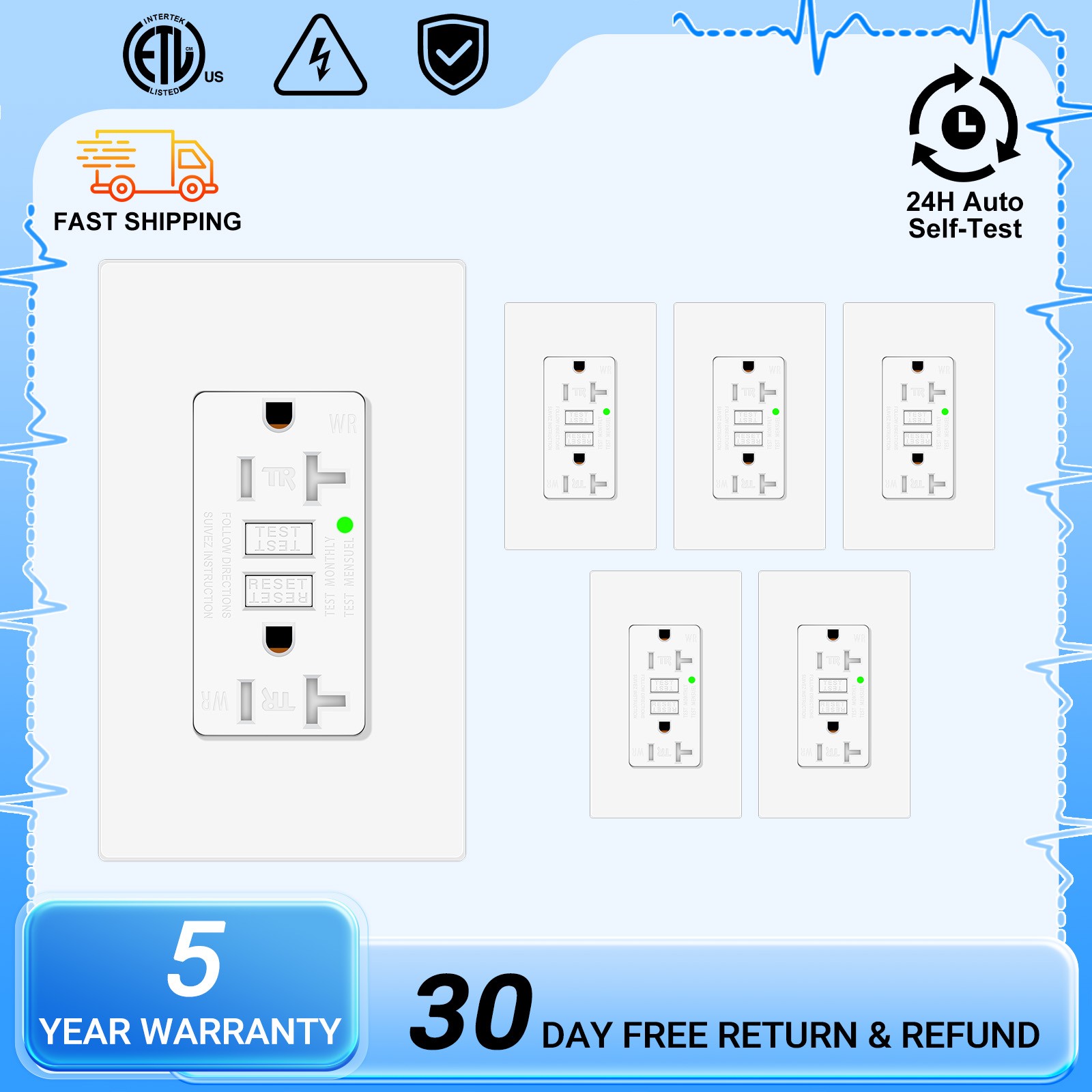 20A White Self-Test GFCI Outlet Easy Install Wall Plate/Screws Included ETL ×6
