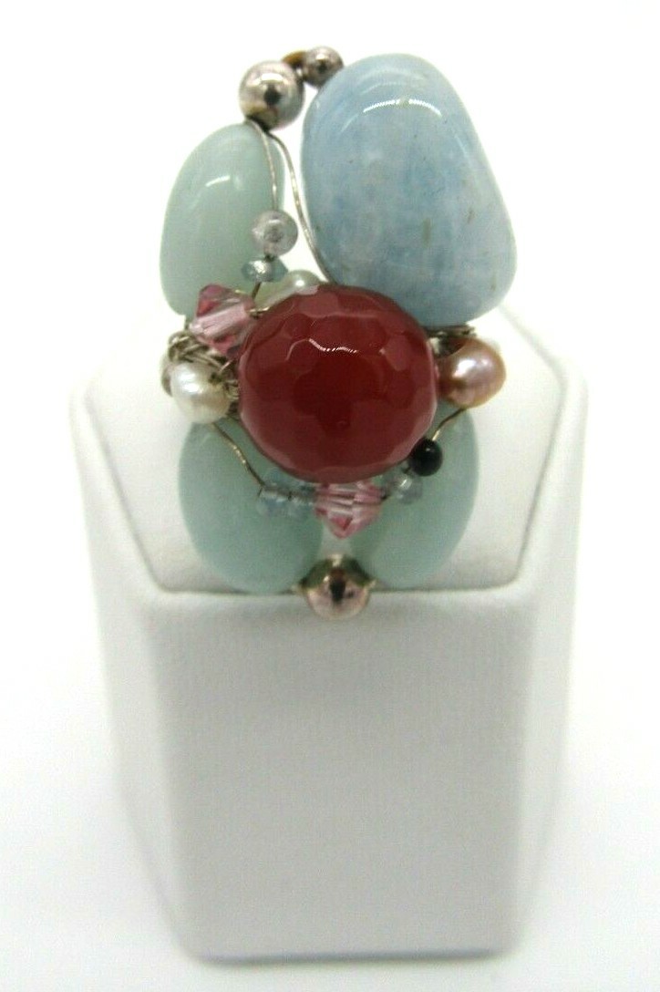 Beautiful 925 Sterling Silver Wire Wrap Chalcedony Carnelian Crystals Ring 5.50