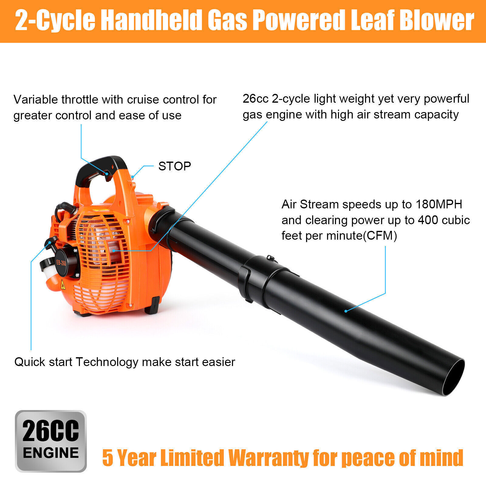 43CC/63CC Gas Backpack Leaf Blower 3HP 650CFM 2 Stroke Leaf Snow Blowers