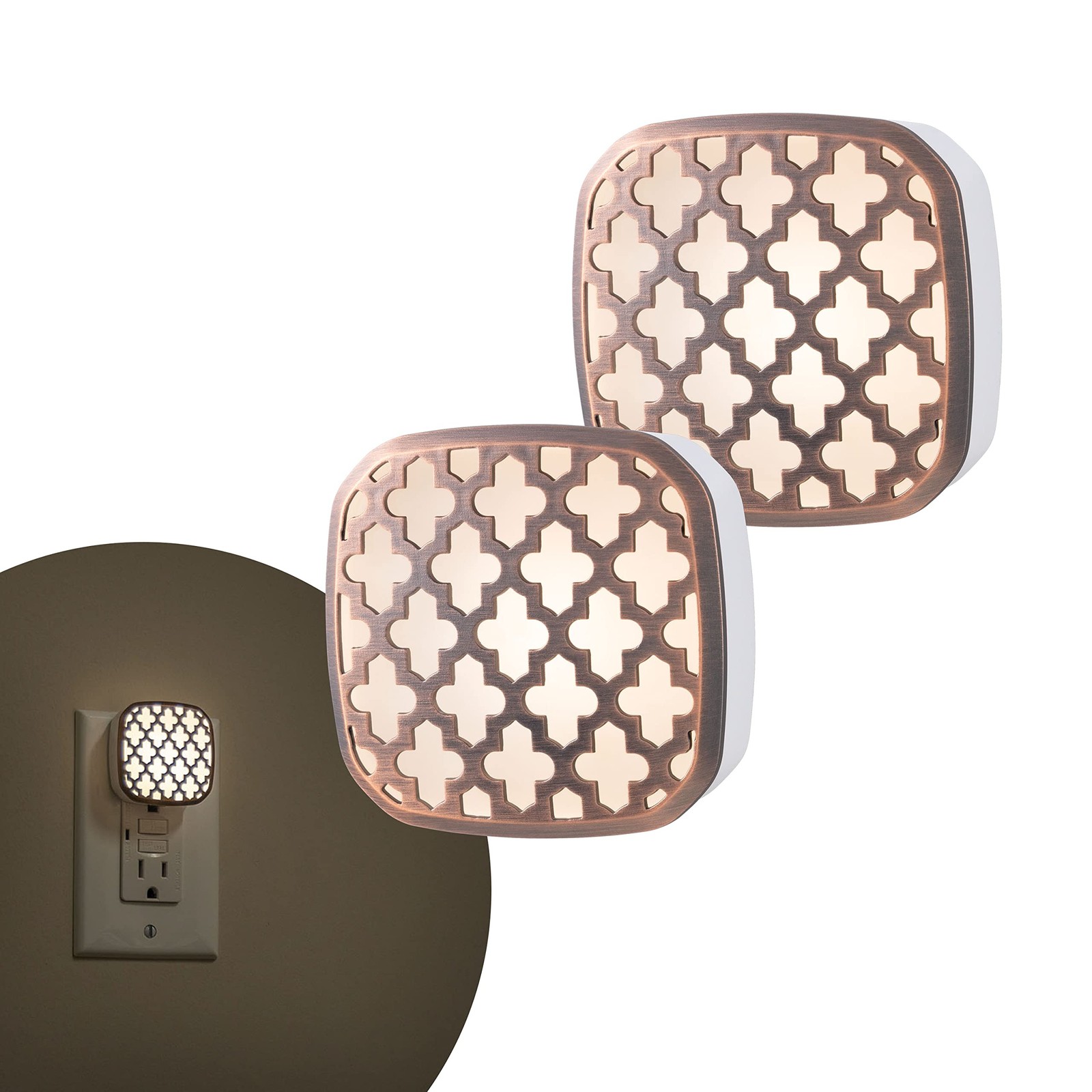 Decorative LED Night Light Moroccan Design, Plug-in, 2 Pack Oil-Rubbed Bronze