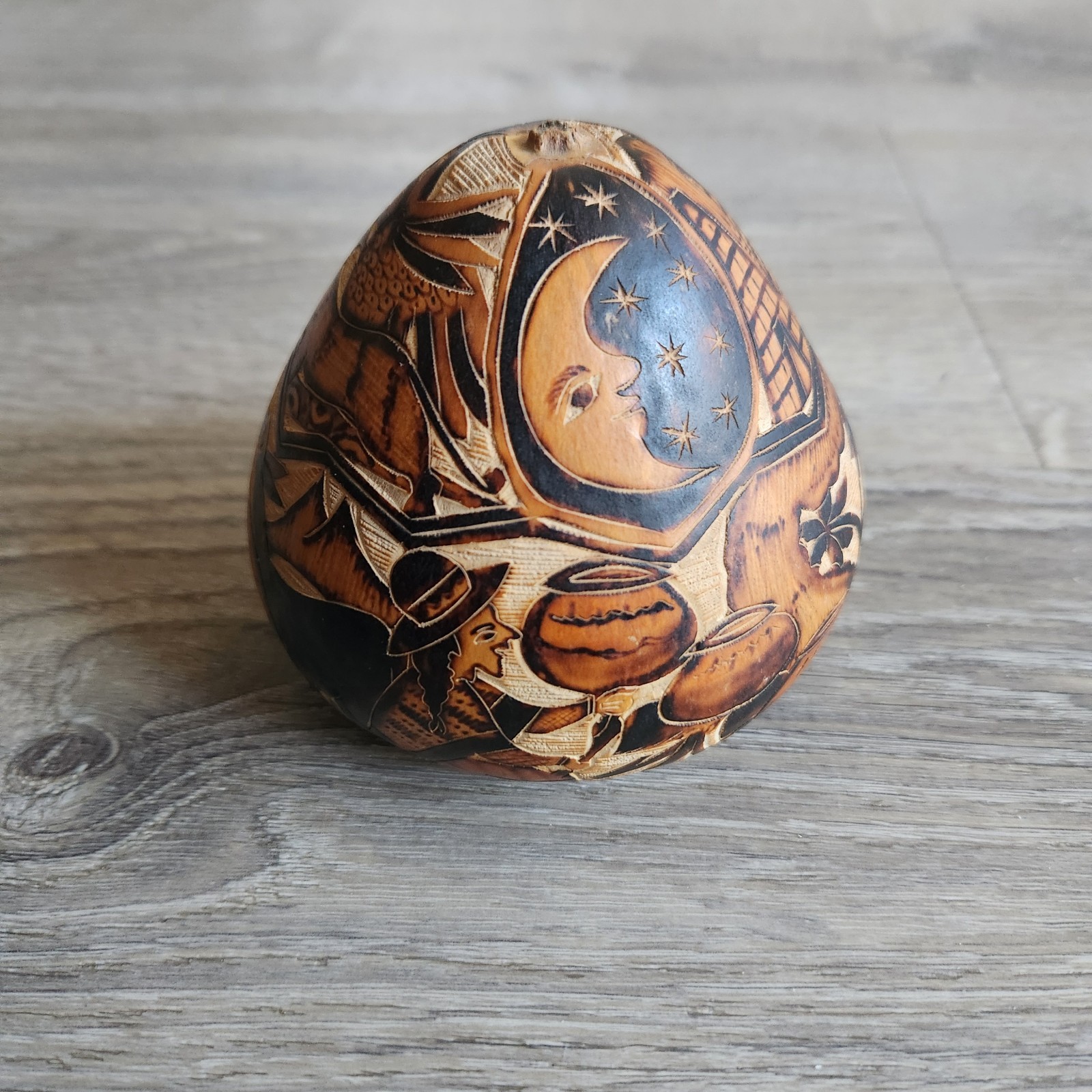 Hand Carved Peruvian Folk Art Gourd Sun Moon People Animals