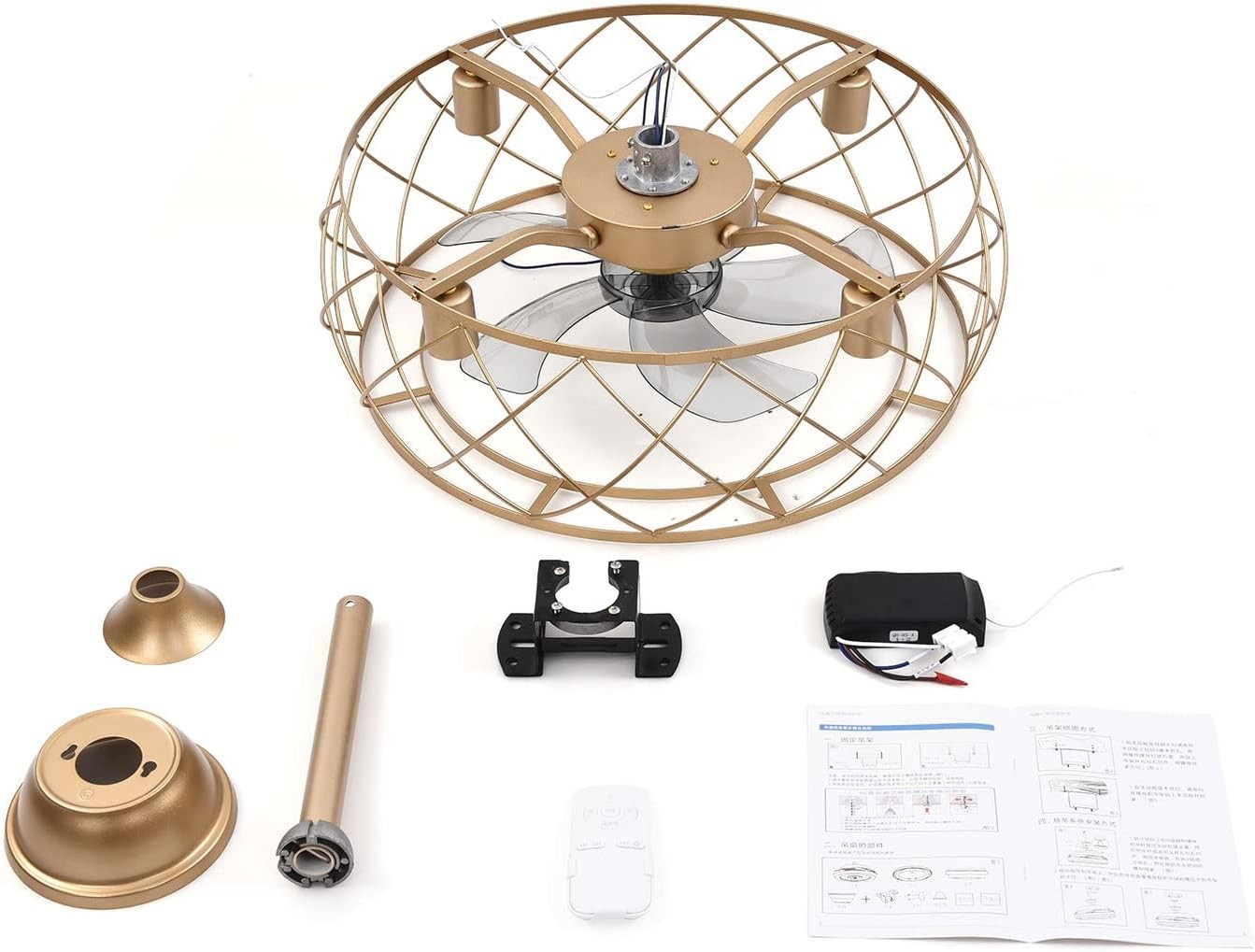 20-Inch Gold Ceiling Fan with Light, 3 Speeds, Remote Control, Modern Design