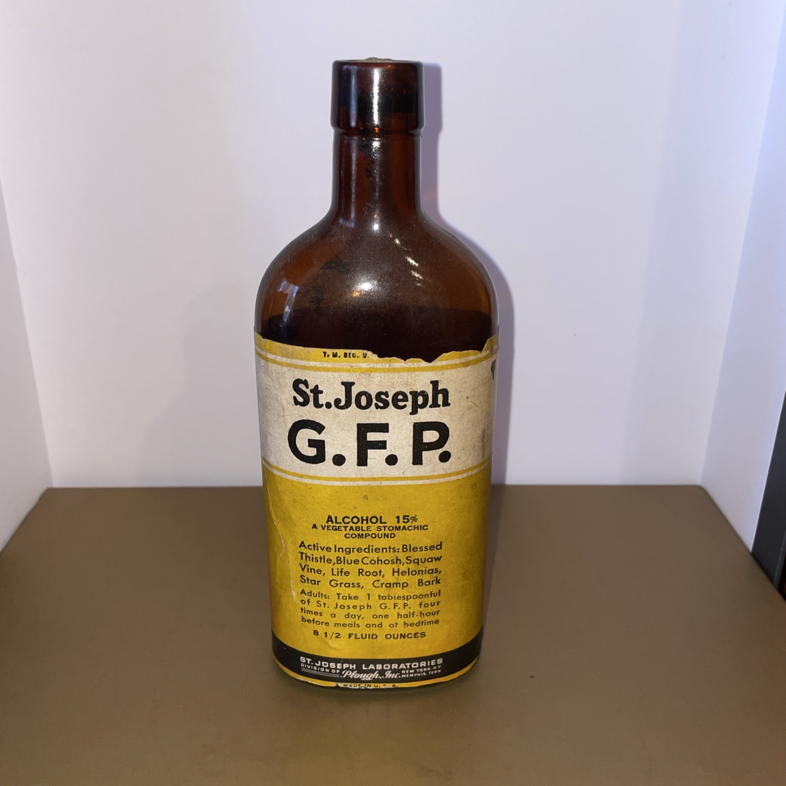 RARE St. Joseph G.F.P. medicine bottle with label, 1930's ,corked with 1/3 full