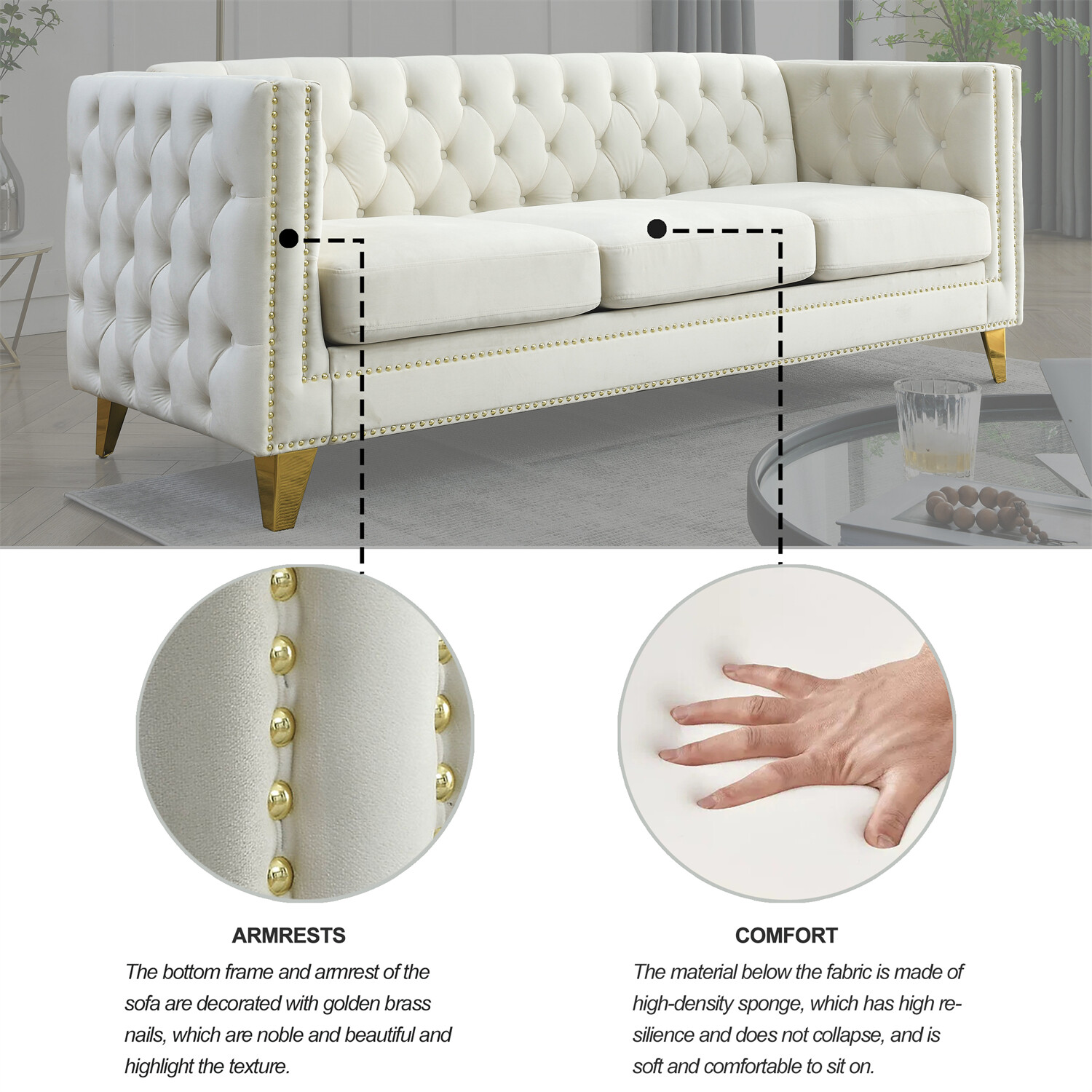 80.5'' 3 Seater Sofa Couch Velvet Upholstered Sofa Couch for Living Room