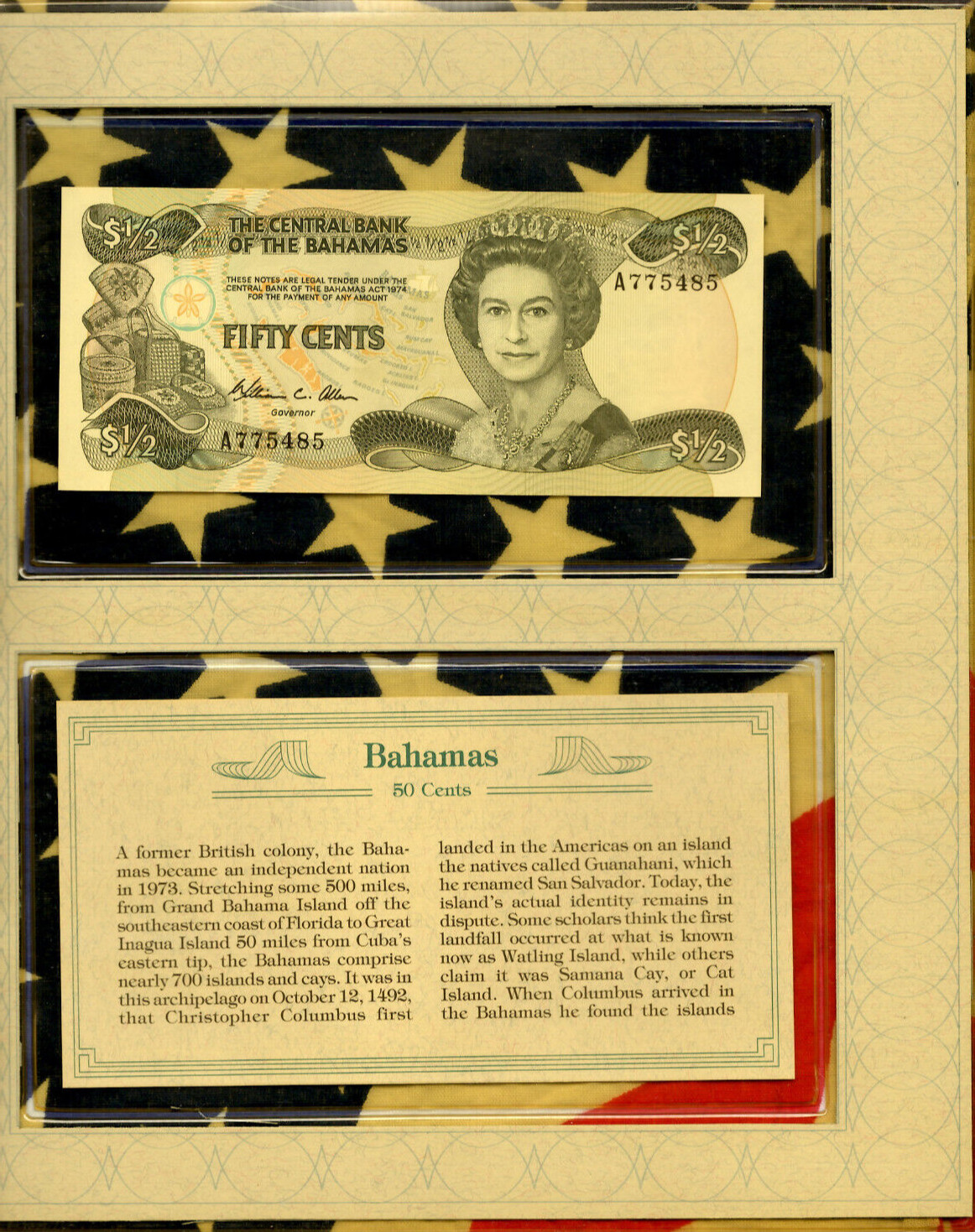 *Most Treasured Banknotes Bahamas 1984 1/2 Dollar P-42 UNC Allen A775485