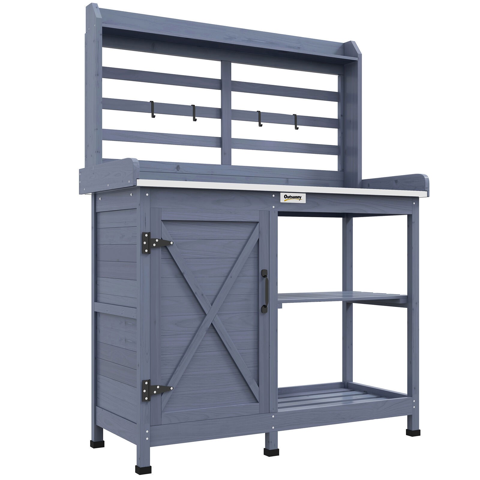 Wooden Potting Bench with Storage Aluminum Table Top for Backyard Patio Balcony