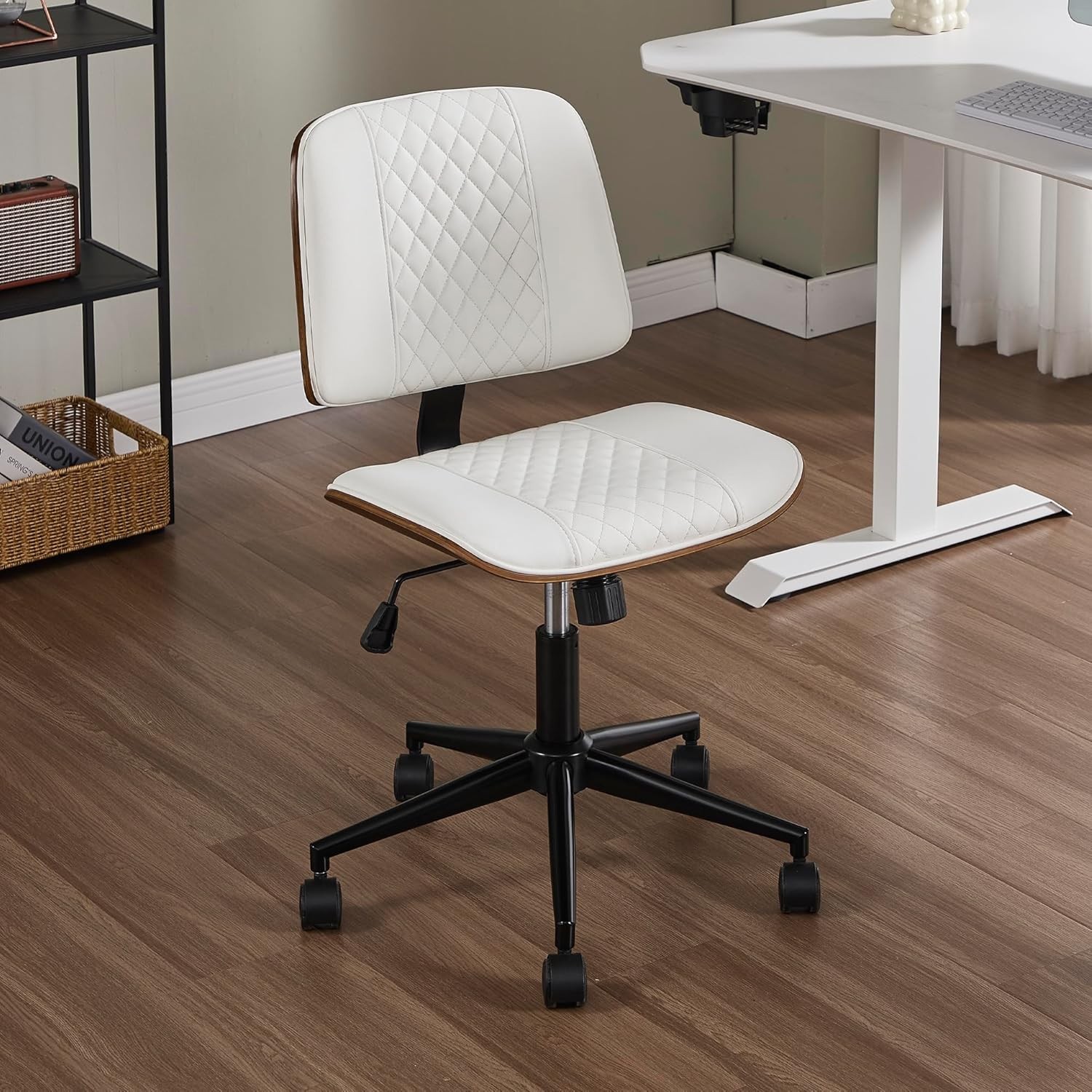 Small Home Office Chair Armless Mid Back Desk Chair W/ 360° Swivel & Wheels PU