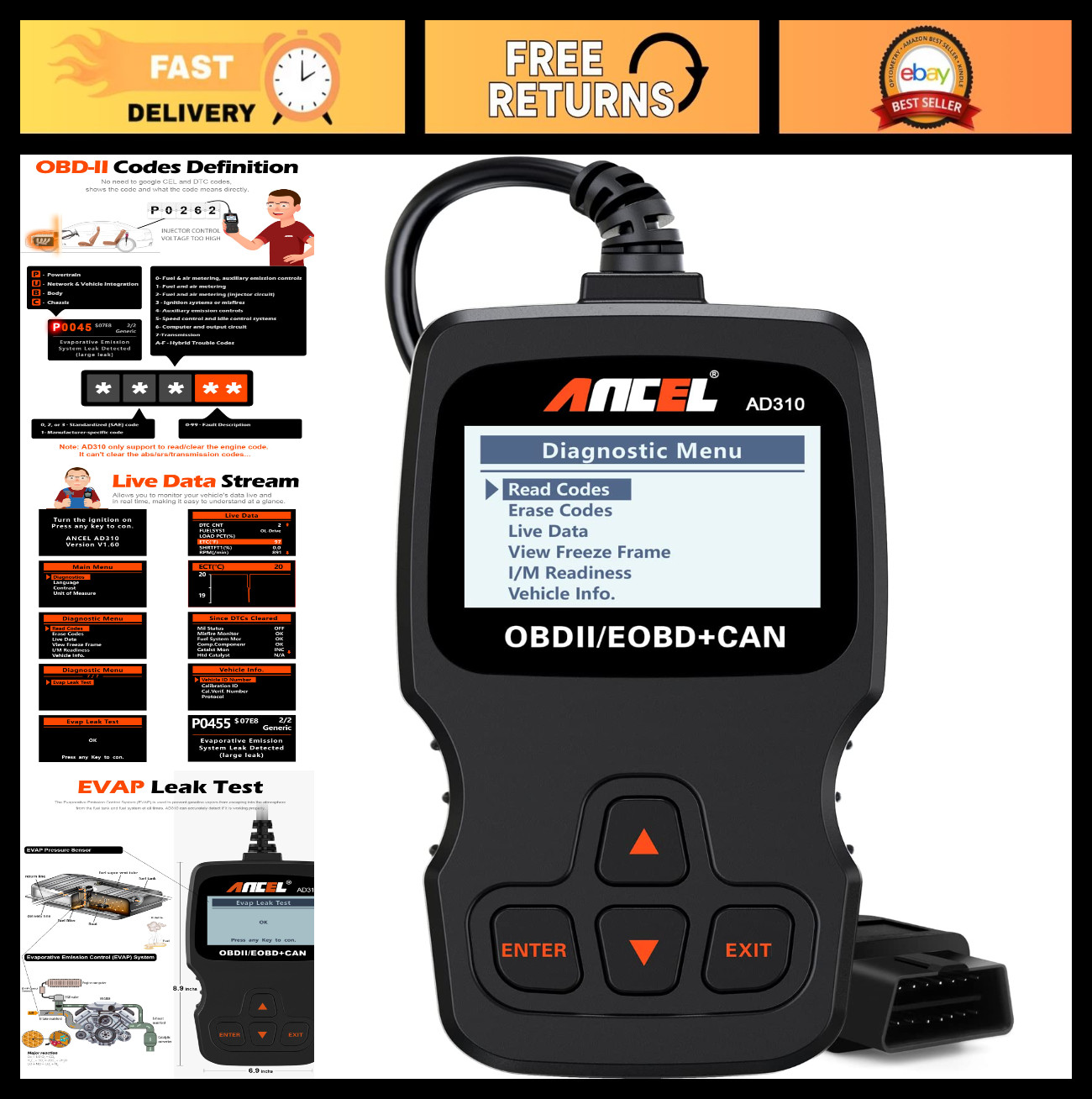 Universal OBD II Scanner Car Engine Fault Code Reader, CAN Diagnostic Tool, Read