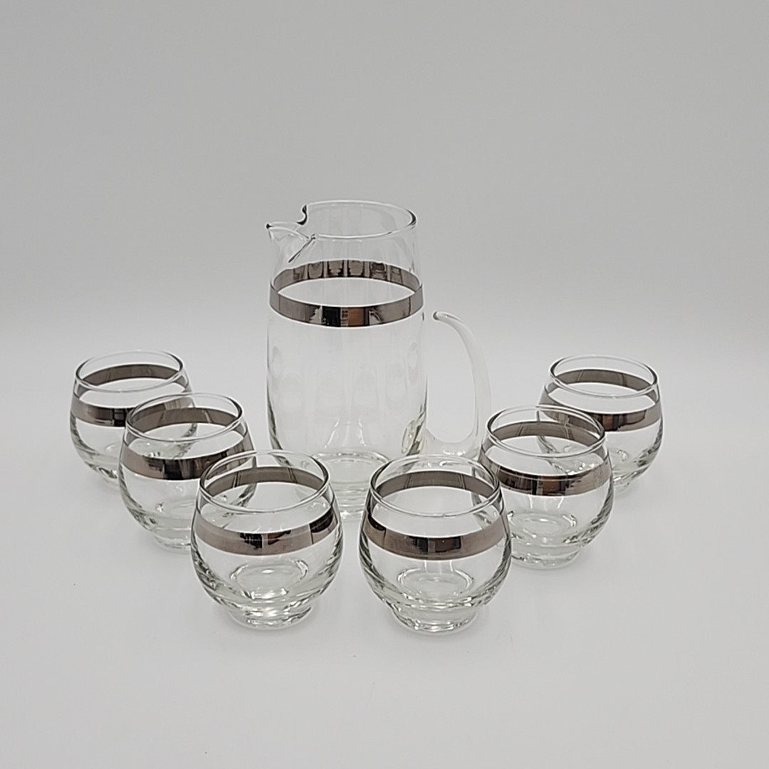 Vintage MCM Libbey Bar Set Silver Banded Cocktail Pitcher with 6 Glasses Barware