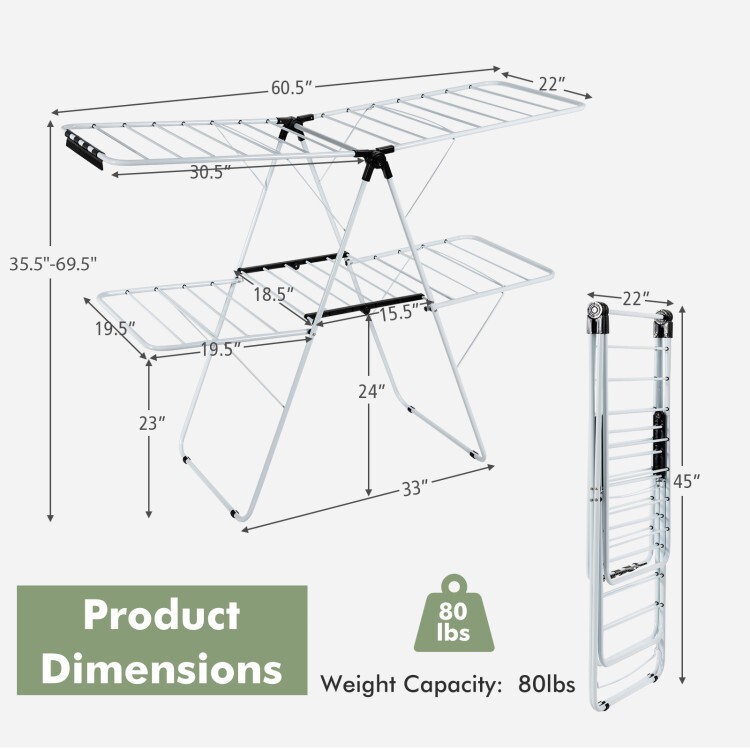 Costway Foldable 2-Level Steel Clothes Drying Rack w/ Height-Adjustable Gullwing