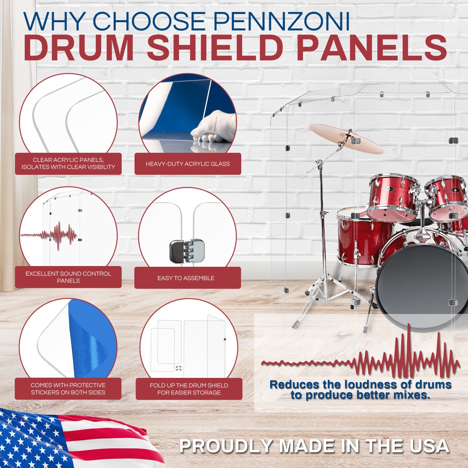 Drum Shield - 2 ft x 5.5 ft Drum Screen 5 Panels w/ Chrome Hinges and Deflectors