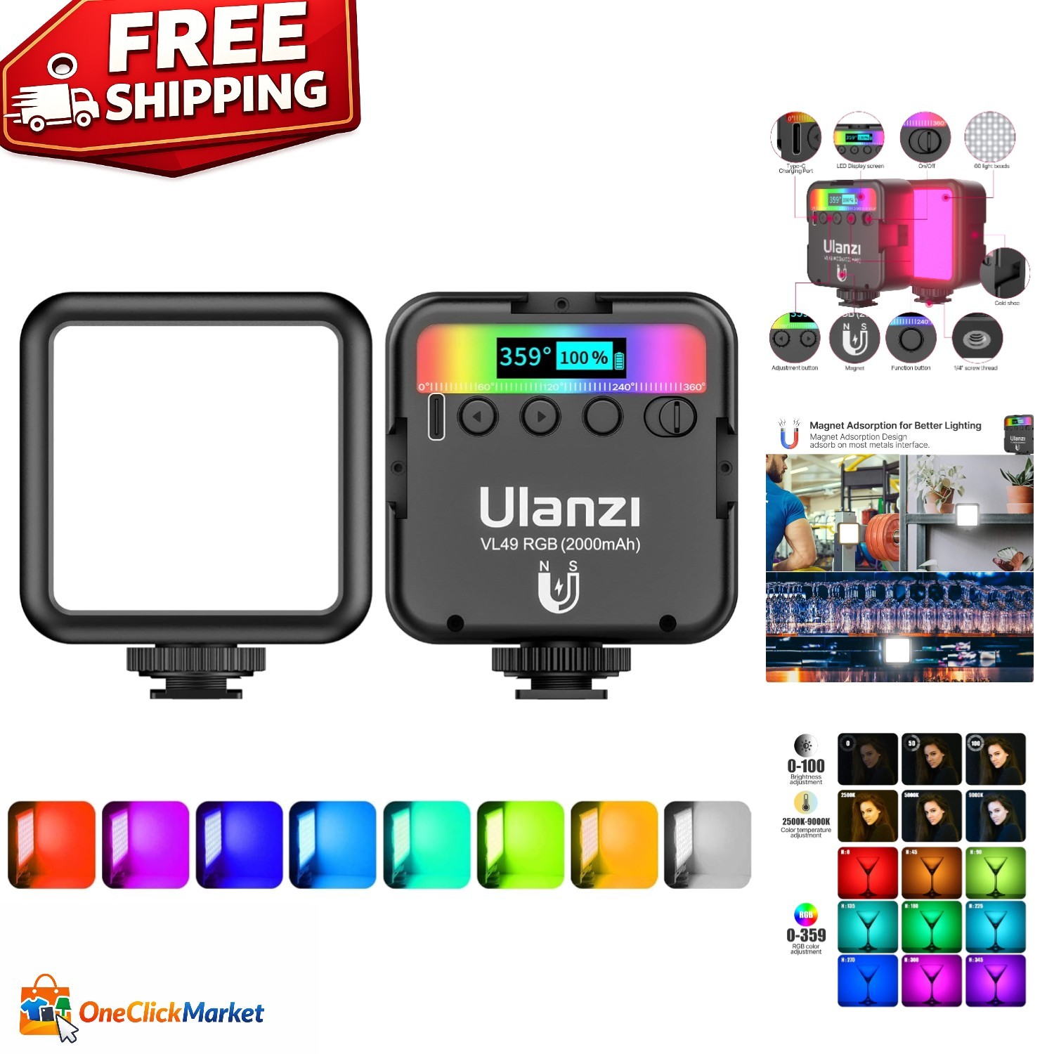 Rechargeable VL49 RGB LED Lighting with Magnetic Attachable 3 Cold Shoe Support