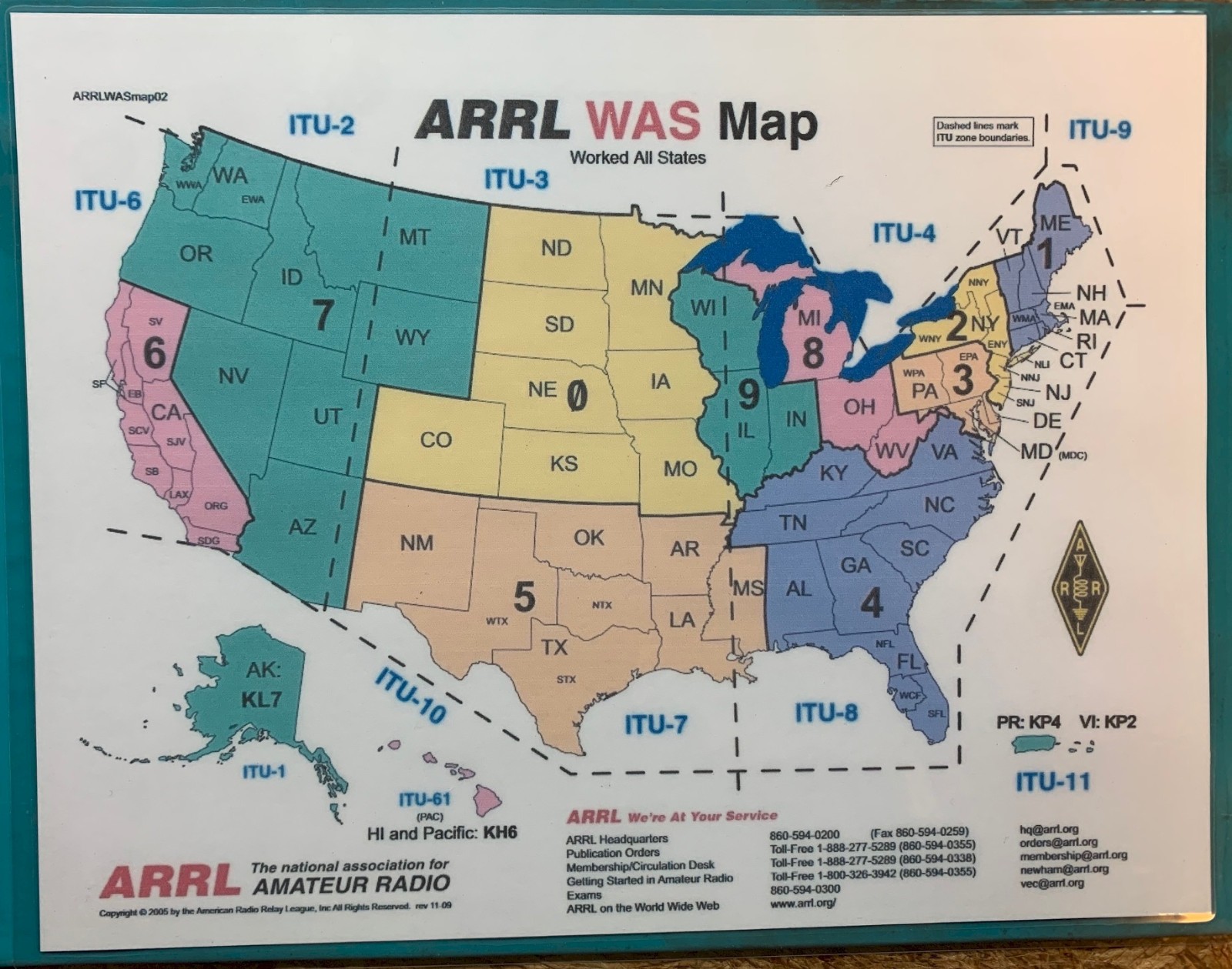 ARRL Worked All States Map & Frequency Chart 5 Mil Laminated CARD STOCK