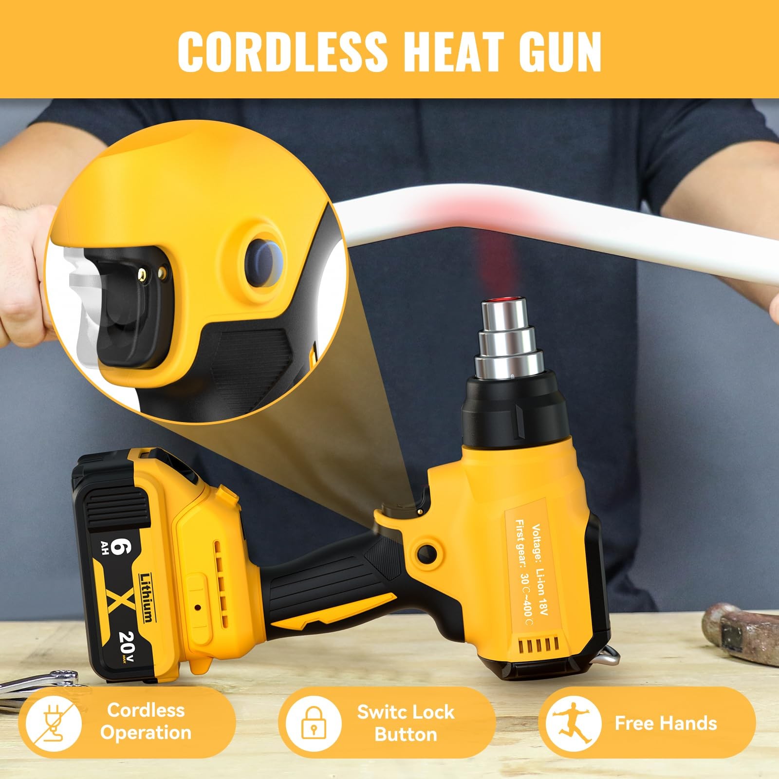 Cordless Heat Gun for Dewalt 20V Battery, 350W,LED Light,Fast Heating Solderi...