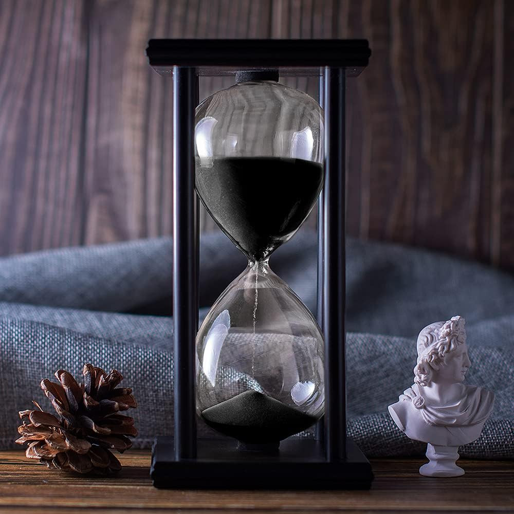 Hourglass Timer with Black Sand, 60 Minute Wooden Frame Sand Timer, Creative Han