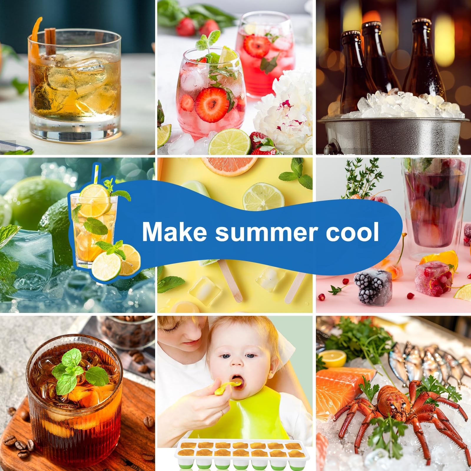 Silicone Ice Cube Trays with Lid Easy Release Stackable Molds Drink Maker 3 P...