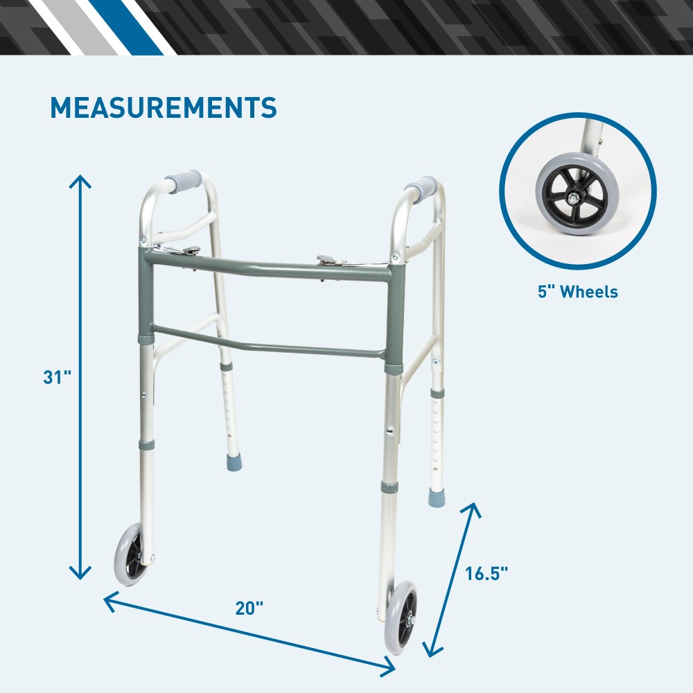 BodyMed Two Button Folding Walker with Wheels, Lightweight Mobility Aid